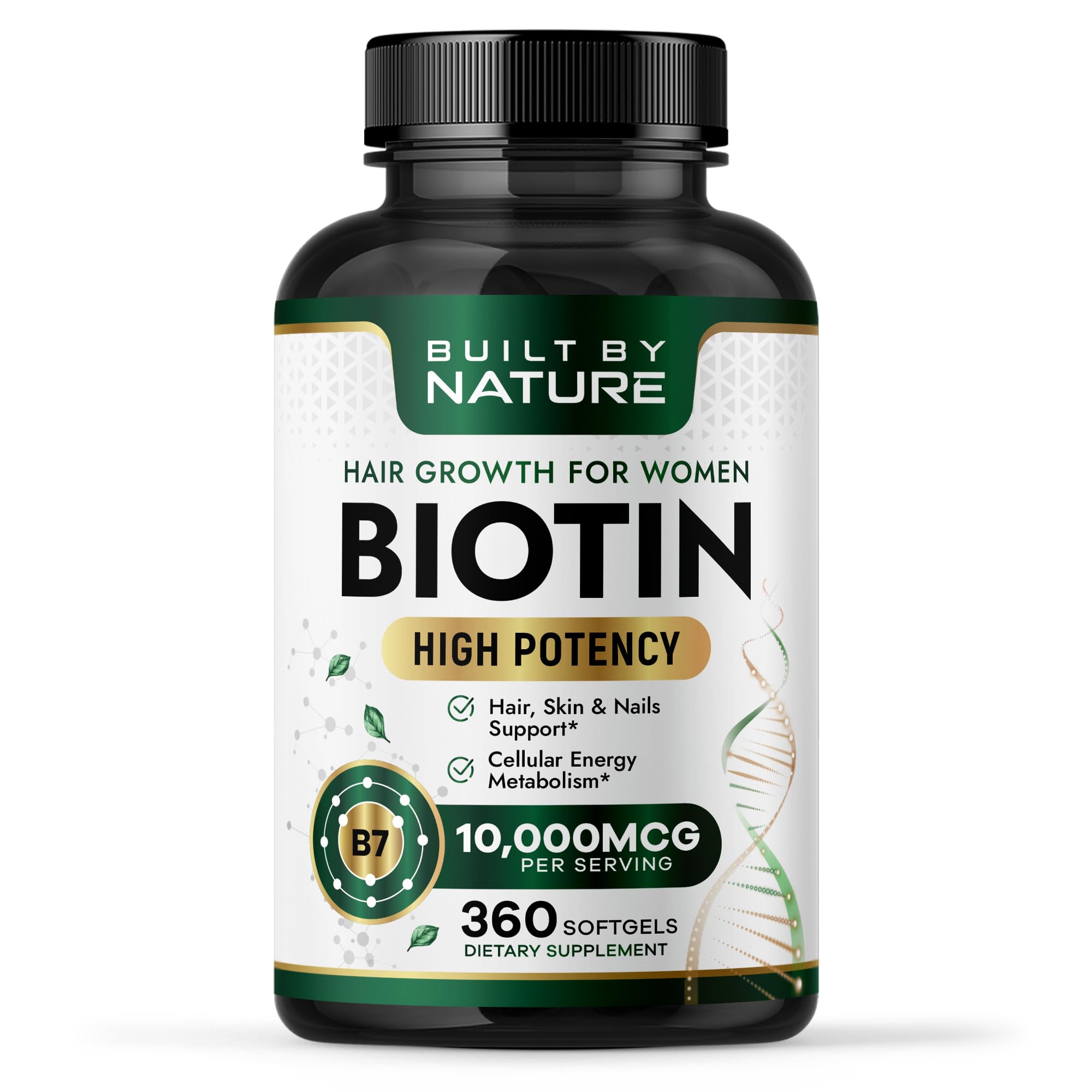 Built by Nature Biotin 10,000 mcg – Biotin for Hair Growth Women – High Potency Vitamin B7 Supplement – Vitamins for Hair, Skin & Nails – 360 Softgels