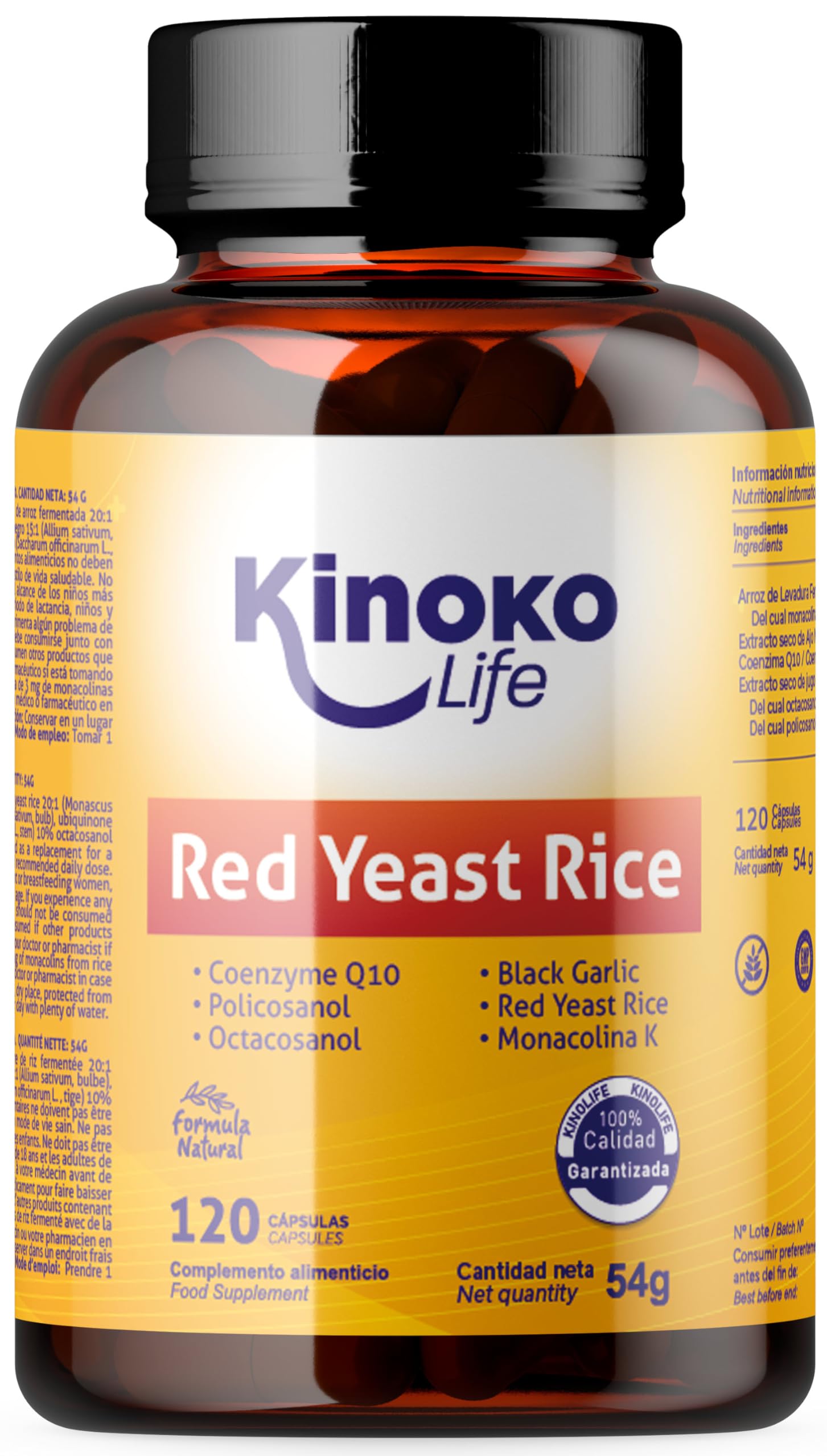 Lievito di Riso Rosso Fermentato (Monascus purpureus) con Coenzima Q10 30 mg, con Policosanolo e Aglio Nero, 120 Capsule Vegan, Senza Magnesio Stearato