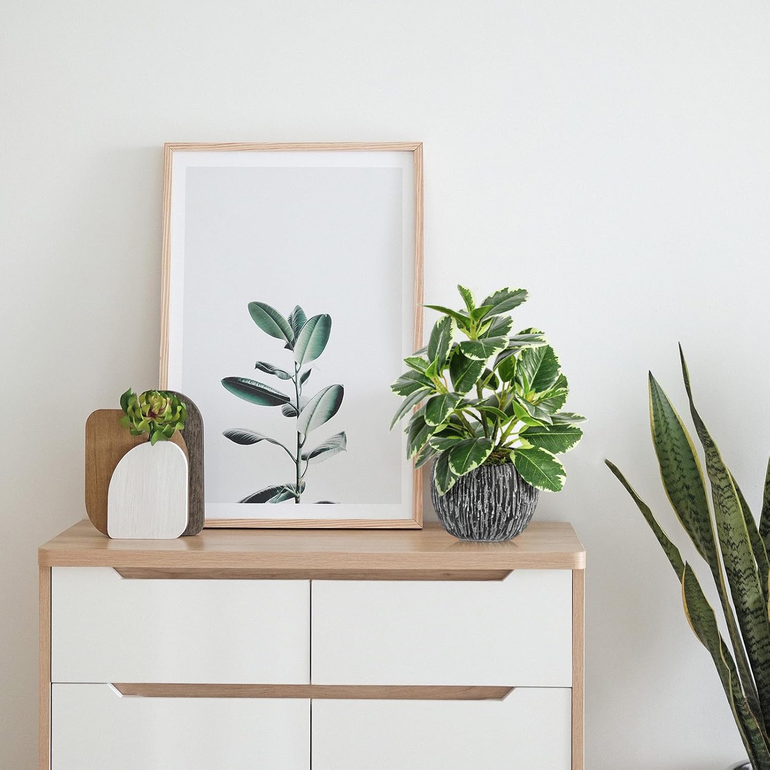 Artificial Plants Indoor Outdoor, Faux Variegated Oak Leaf Plant, Fake Potted Plants Artificial Decor for Coffee Table Desk Shelf, Faux Plants Indoor for Living Room Bathroom Bedroom Entryway Office