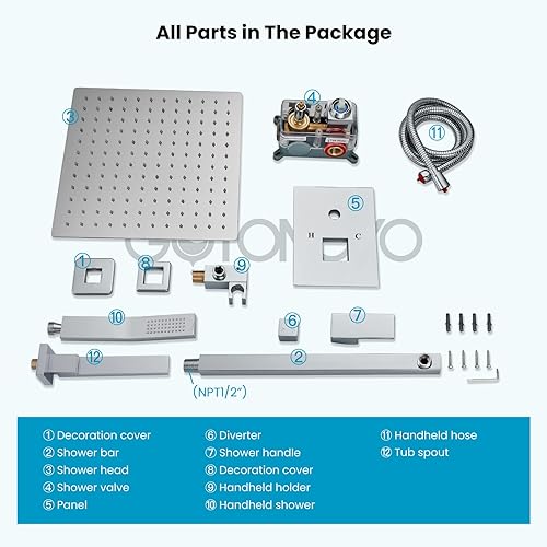 Miniatura 8 de gotonovo Duchas de lujo de 3 funciones para baño, montaje en pared, cabezal de ducha de 10 pulgadas, sistema de ducha con boquilla de bañera, cuerpo
