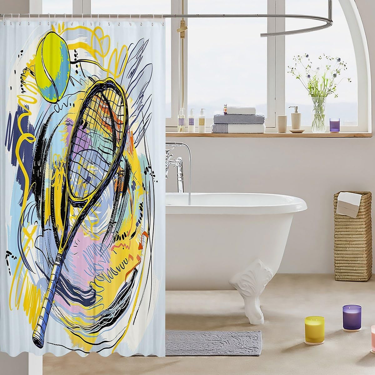 Tennis Shower Curtain,Ball Sports Theme Bathroom Curtain,Kids Boys Girls Teens Room Decor,Colorful Graffiti Cartoon Tennis Waterproof Curtain Modern Fashion Bath Curtain,12 Hooks,72" Wx84 L