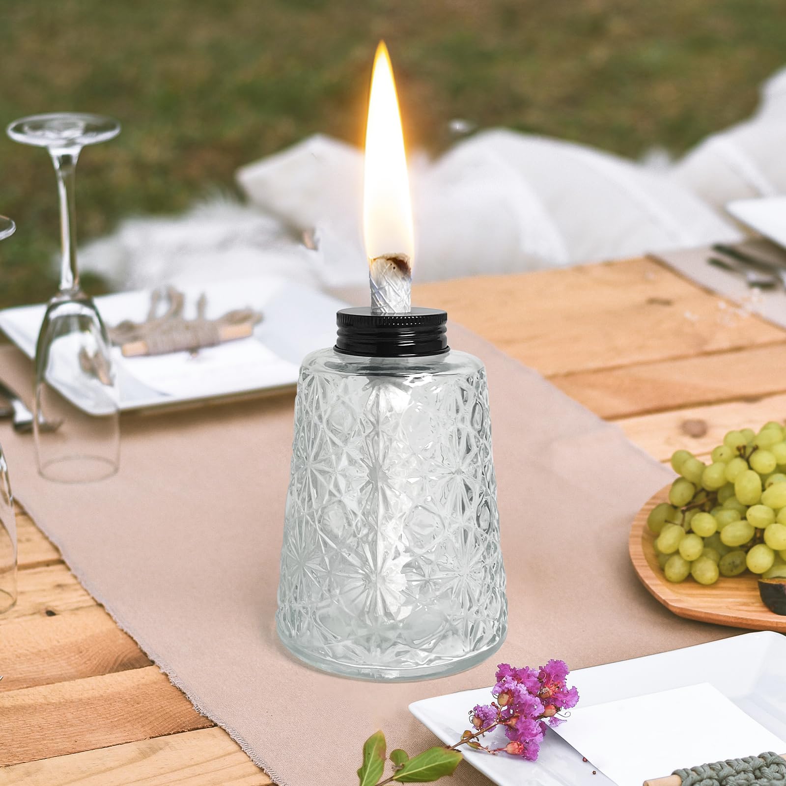 Paquete de 2 antorchas de cristal para lámpara de aceite de citronela para patio al aire libre con mechas y tapa
