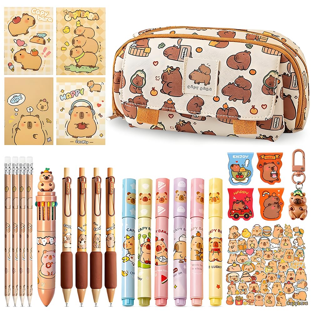 Capybara Pencil Case, Capybara Stationery Gift Set 75Pcs, Cute Cartoon Supplies with Pens, Stickers, Notebook & Keychains, Ideal for Kids & Students, Perfect for School & Office Daily Use — image 1