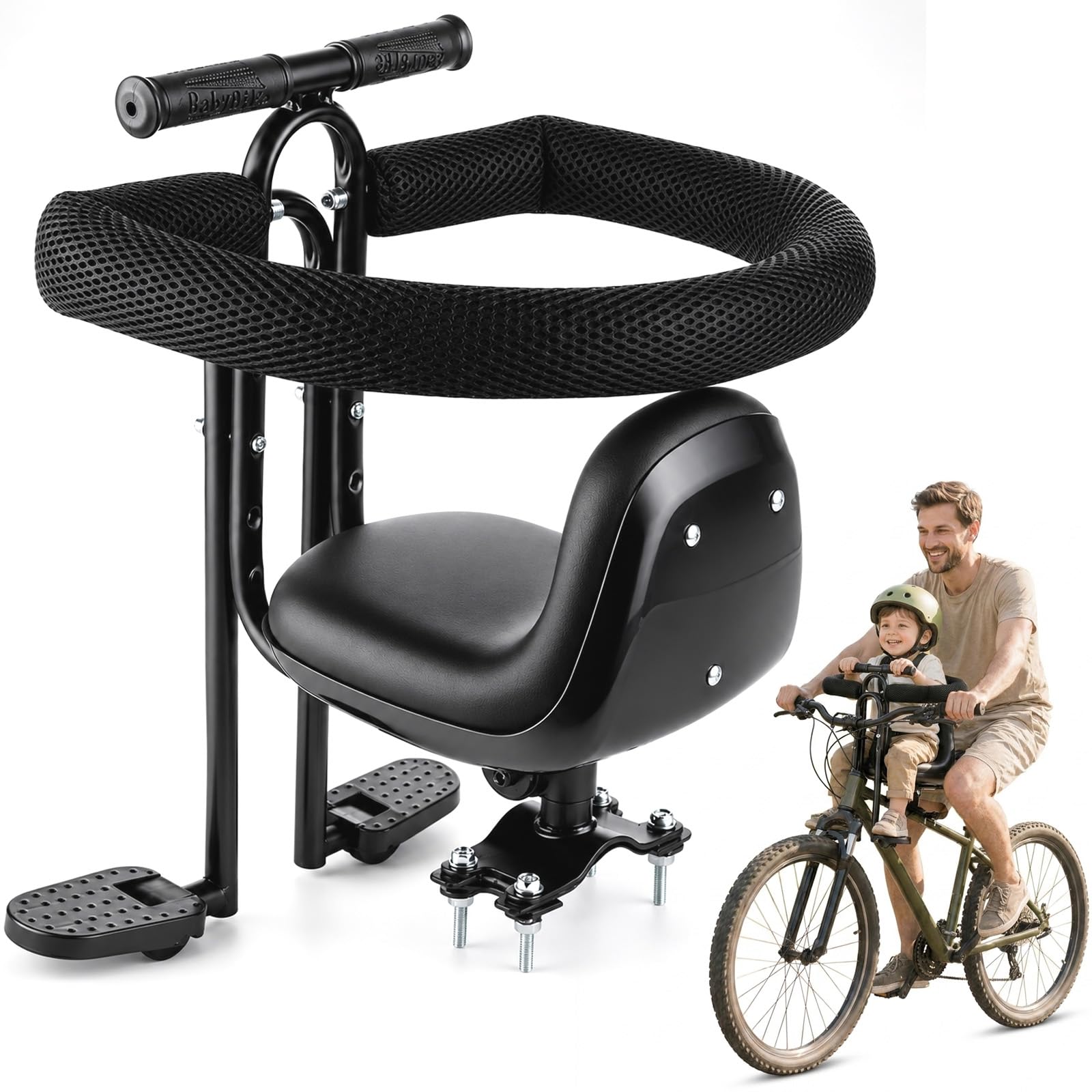 Kids Bike Seat Front for Mountain Bike, Child Bicycle Seat with 3-Level Adjustable Pedal Height, Full Surround Guardrail & Safety Belt, Front Mounted Child Bicycle Seat MTB for 1-8 Years Up to 50 kg