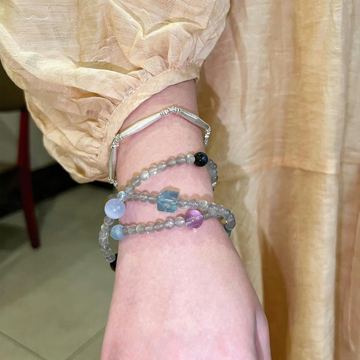 Bracelet Perles Bracelet Triple Rang Multicolore En Pierre De Lune Grise Et Aigue Marine