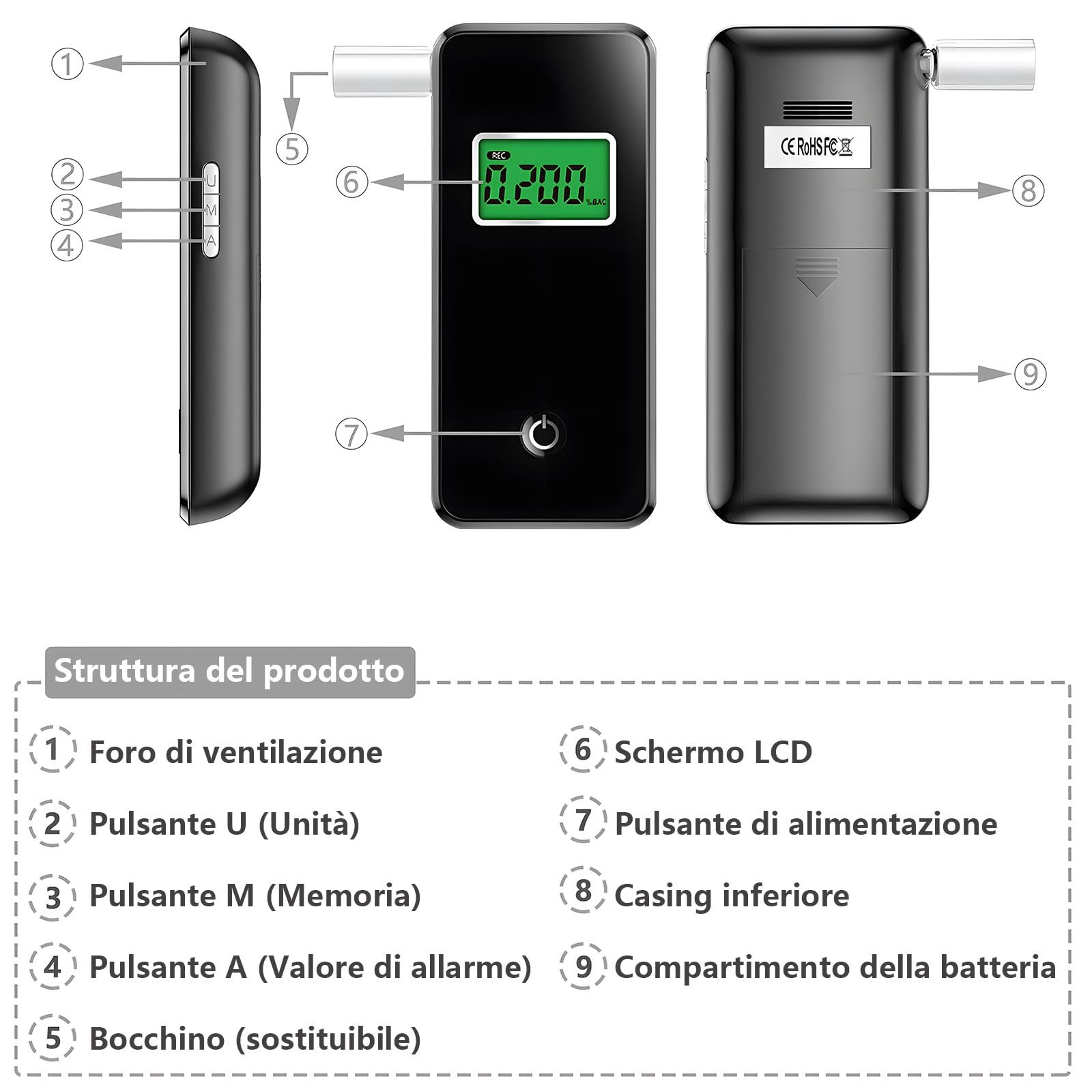 Tragbarer Alkoholtester, zertifiziert, professioneller digitaler Alkoholtest, mit LCD-Display, blau, digital, tragbar, persönlich, für den privaten und professionellen Gebrauch (10 Mundstücke)