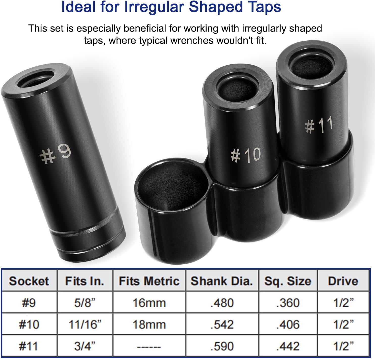 3-Piece 70940 Tap Socket Set, 5/8’’ 11/16’’ 3/4’’ Tap Sockets #9#10#11, For Larger Fractional M.C.T.I. Standard taps, Use with 1/2”Square Drive (70940, Large)
