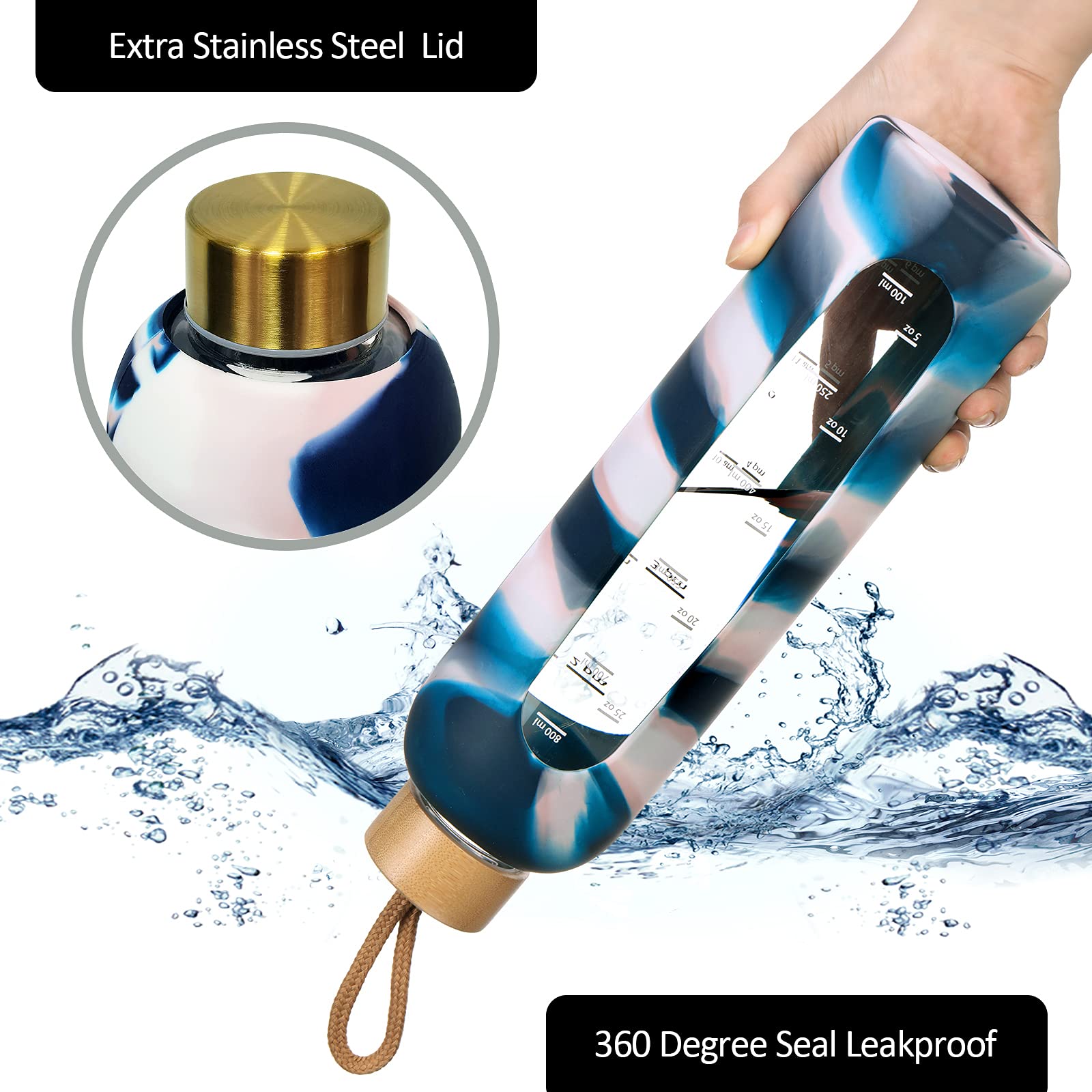 907 ml Borosilikatglas-Wasserflaschen mit Times to Drink BPA-frei, wiederverwendbare Glas-Wasserflasche mit Silikonhülle, Bambusdeckel und Bonusbürste, Schwarz und Weiß