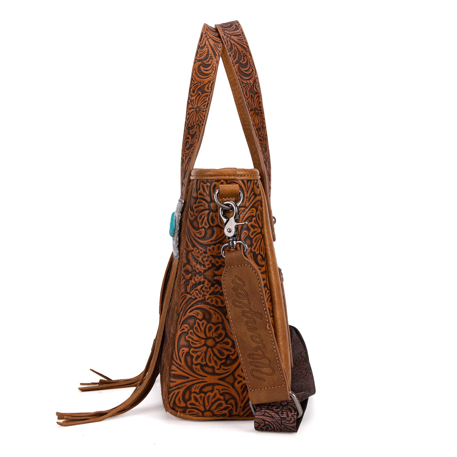 Montana West Wrangler Tragetasche aus Rindsleder für Damen, Western-Werkzeugtasche, Lederfransen mit türkisfarbenem Stein-Concho