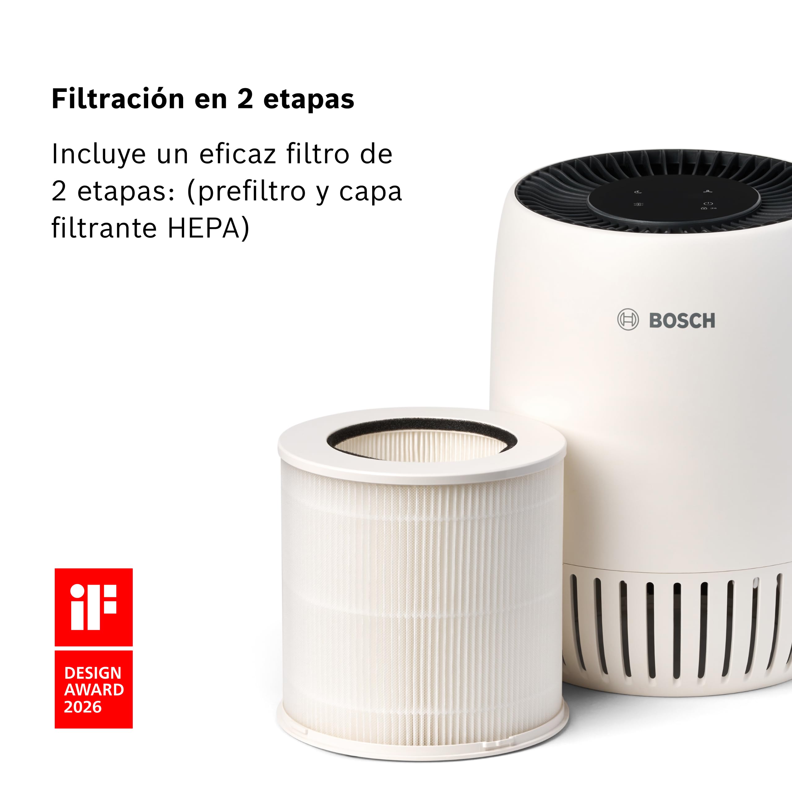 Bosch Air 500 Purificador de Aire - Elimina contaminantes, incluye filtro de aire y modo silencioso (< 25 dB(A)) - para habitaciones de hasta 23 m² - con puerto de carga USB-C - CADR: 100 m³/h