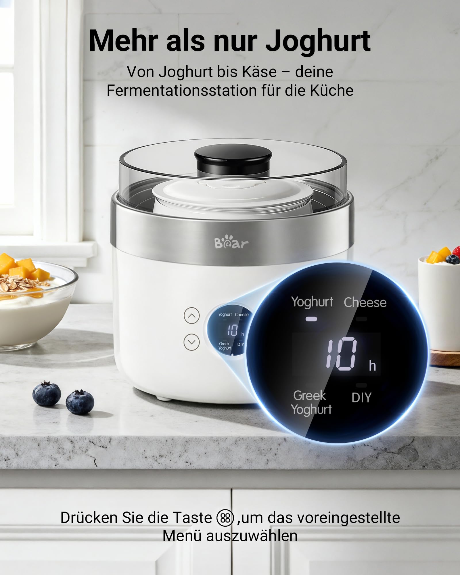 Bear Joghurtbereiter Joghurt- und Frischkäsebereiter, inkl. 4 Keramik Portionsbecher à 125 ml, 2 XXL Glasbehälter à 1 Liter, 4 voreingestellte Programme für Griechischer Joghurt, Käse