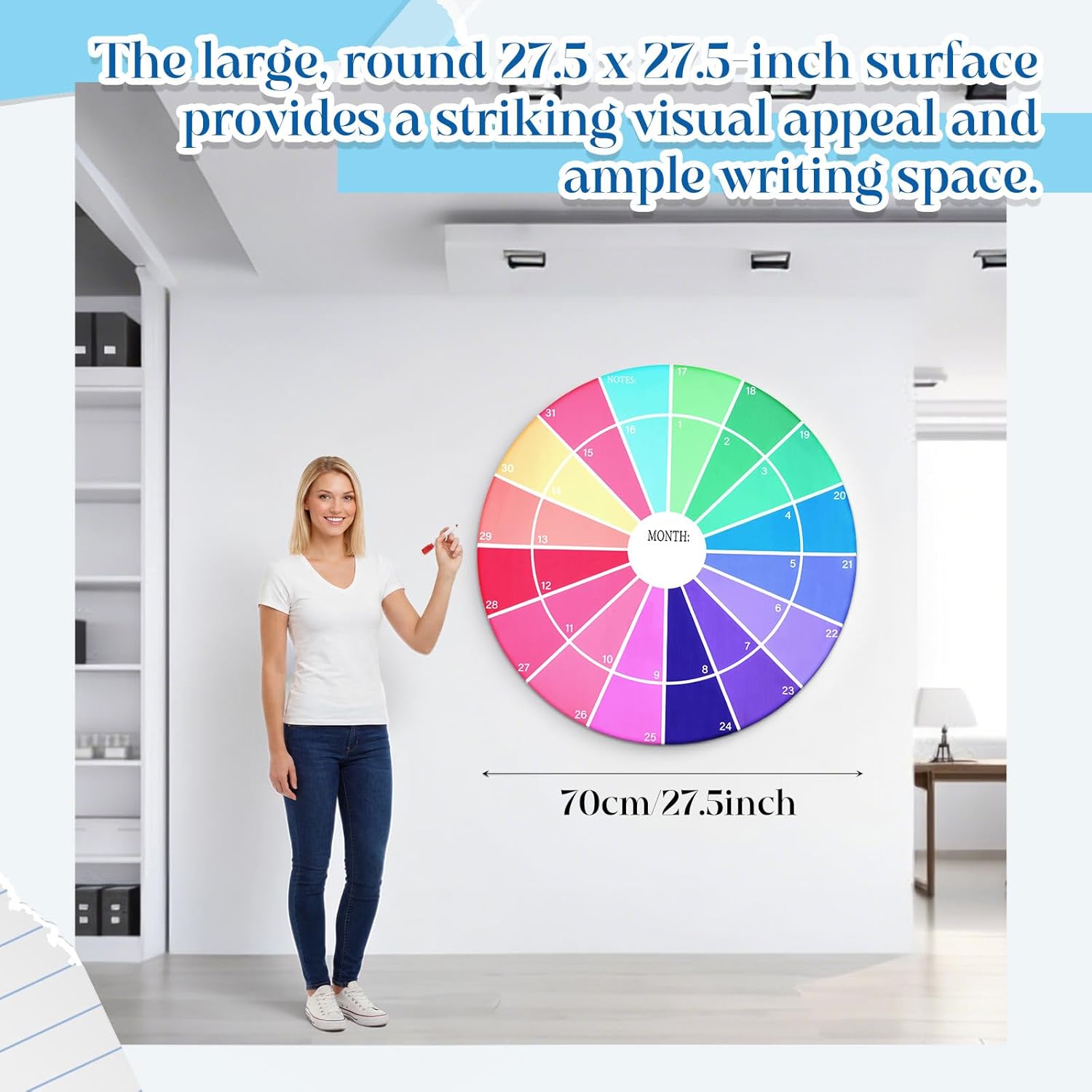 Round Magnetic Dry Erase Calendar for Wall, 27.5×27.5 Inch Monthly Whiteboard with 8 Colored Markers, Reusable Circular Planner for Home Office Classroom Kitchen – Panoramic Layout, No Date Limits
