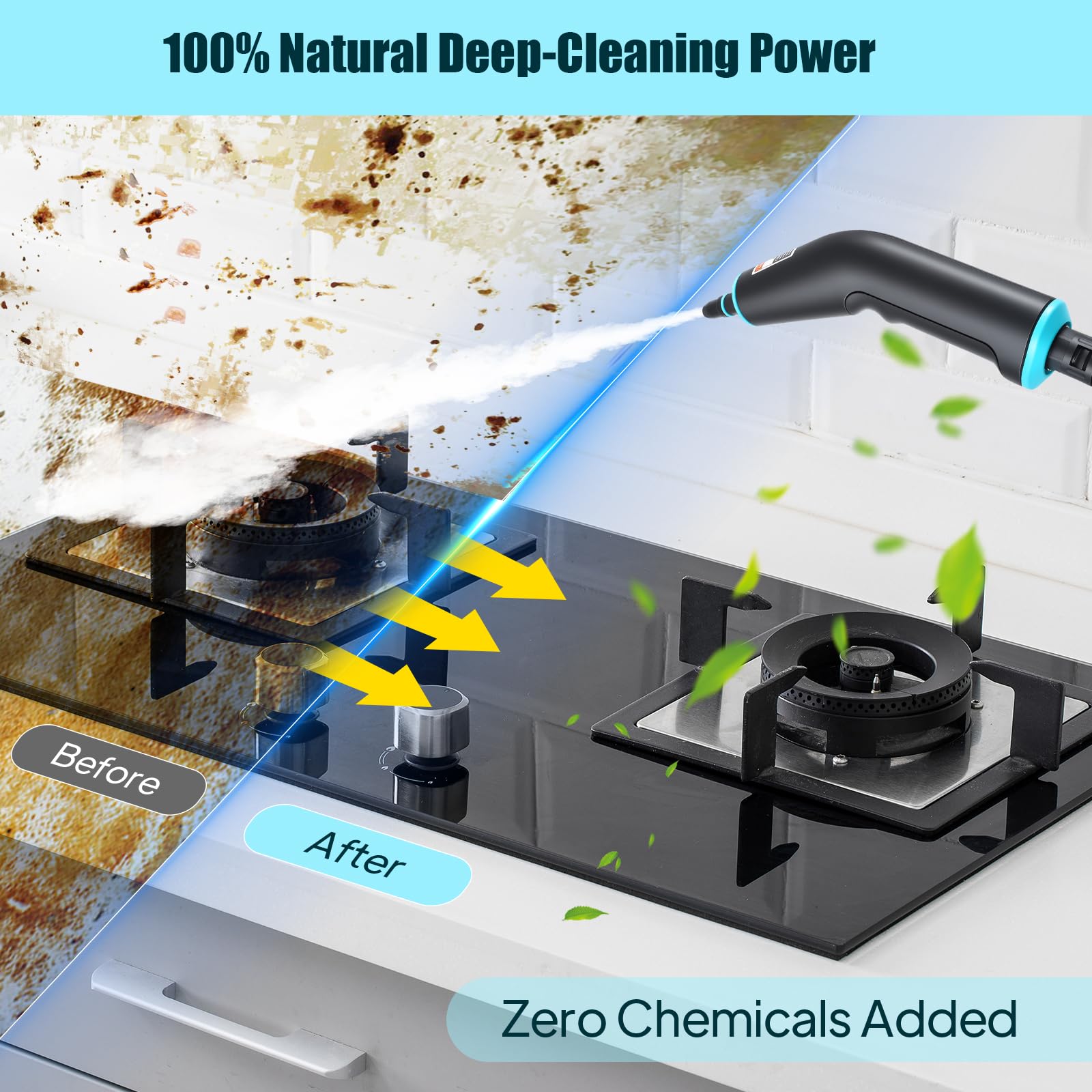 Pulitore a vapore manuale da 2500 W, 4,5 bar ad alta pressione e 15 s, serbatoio dell'acqua da 1250 ml, 9 accessori per cucina (piano cottura in ceramica), auto, pavimento, finestra, barbecue