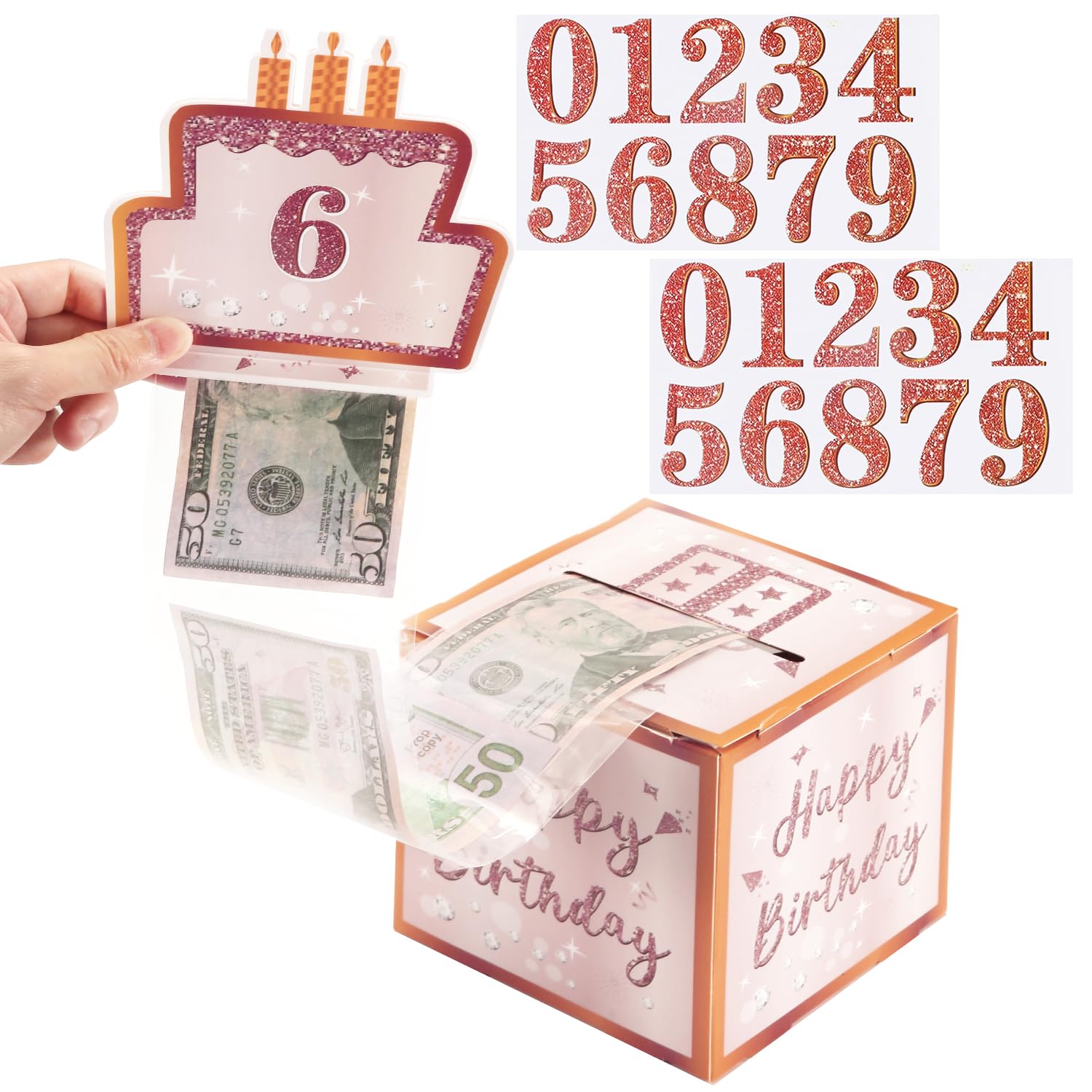 PEUTIER Happy Birthday Money Gift Box, with 0-9 Number Birthday Cake Signs Opp Bags Birthday Cash Surprise Box Fun Cash Gift Pull Box for Women Man Any Age Party Decorations