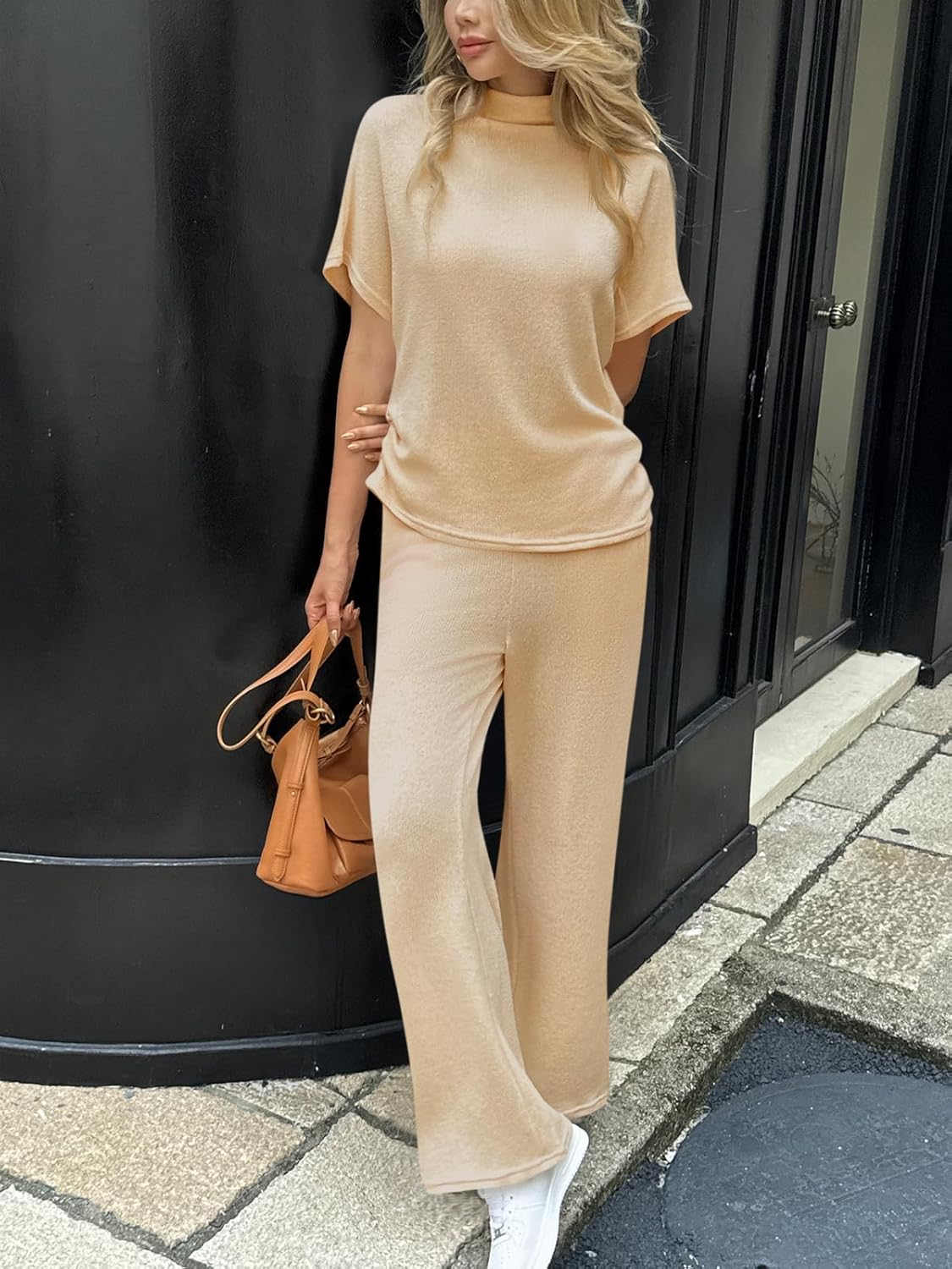 Cicy Bell Womens 2 Piece Lounge Sets Casual Batwing Short Sleeve Knit Sweater Loose Wide Leg Pants Travel Outfits - Image 5