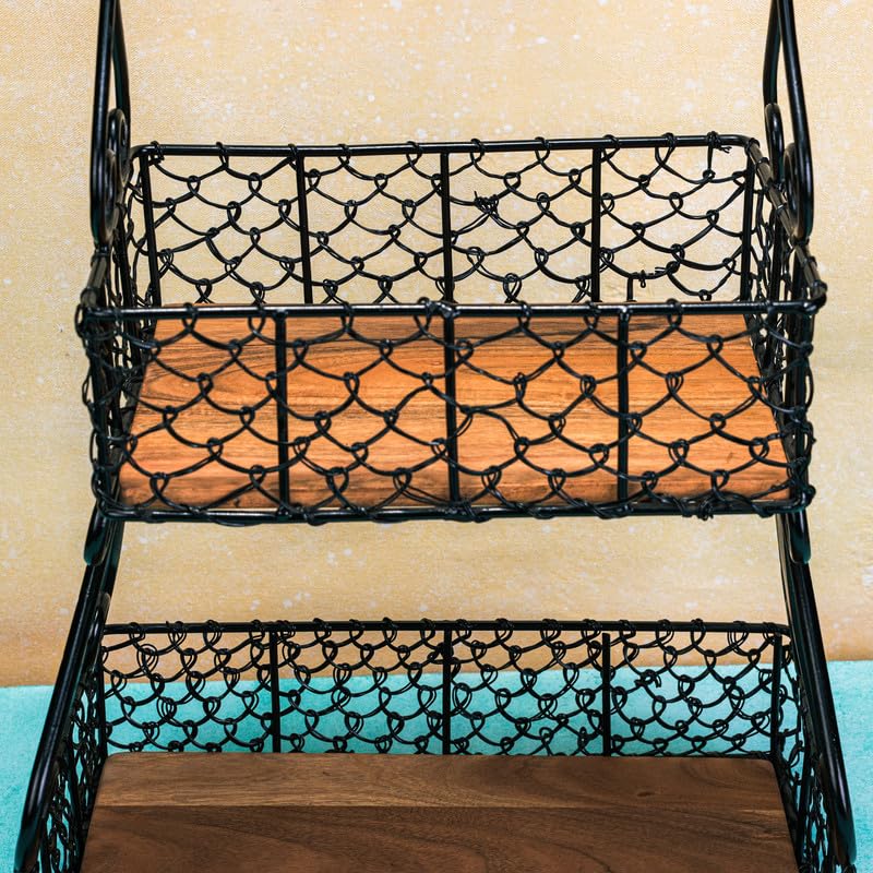 Image of Vintage Charm 2-Tier Fruit & Vegetable Basket | Acacia Wood & Iron Storage Organizer with Wooden Handle | Multipurpose Countertop Basket for Fruits, Vegetables, Bread & Pantry Storage