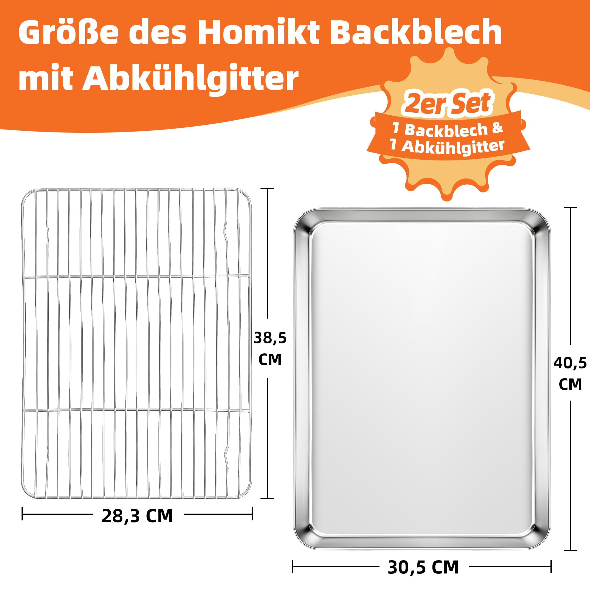 Homikit Teglia da forno in acciaio inox con griglia di raffreddamento, vassoio rettangolare con griglia di cottura, griglia per torte, 40,5 x 30,5 x 2,5 cm, lucidata lucida