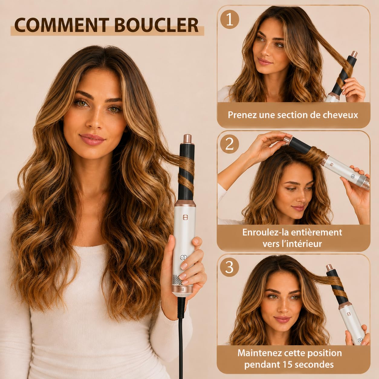 Brosse Soufflante avec 5 accessoires, Golden Goods Multistyler Sèche-cheveux, Airstyler 5-en-1, pour sécher, Brosse Coiffante Chauffante, Pour Lisser, Boucler, Sandstone Edition