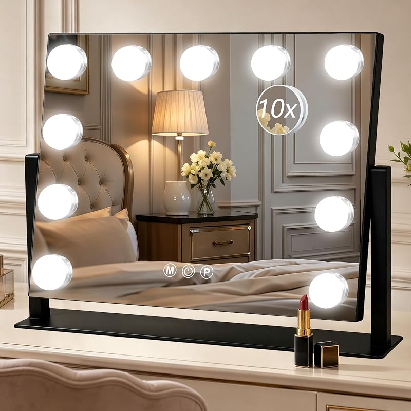 Espelho para maquiagem Moonee com iluminação, 43,18 cm x 33,02 cm, base giratória de 360°, preto