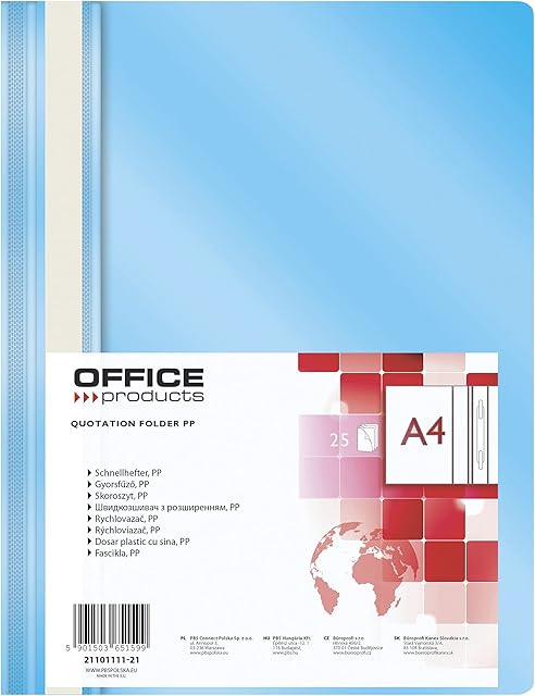 Skoroszyt OFFICE PRODUCTS PP A4 Miękki 100/170mikr Jasnoniebieski/Archiwizacja Dokumentów/Typ-Miękki/Materiał-Pp/Etykieta-Pasek Brzegowy/Ilość Kartek-200 / Kolor-Jasnoniebieski