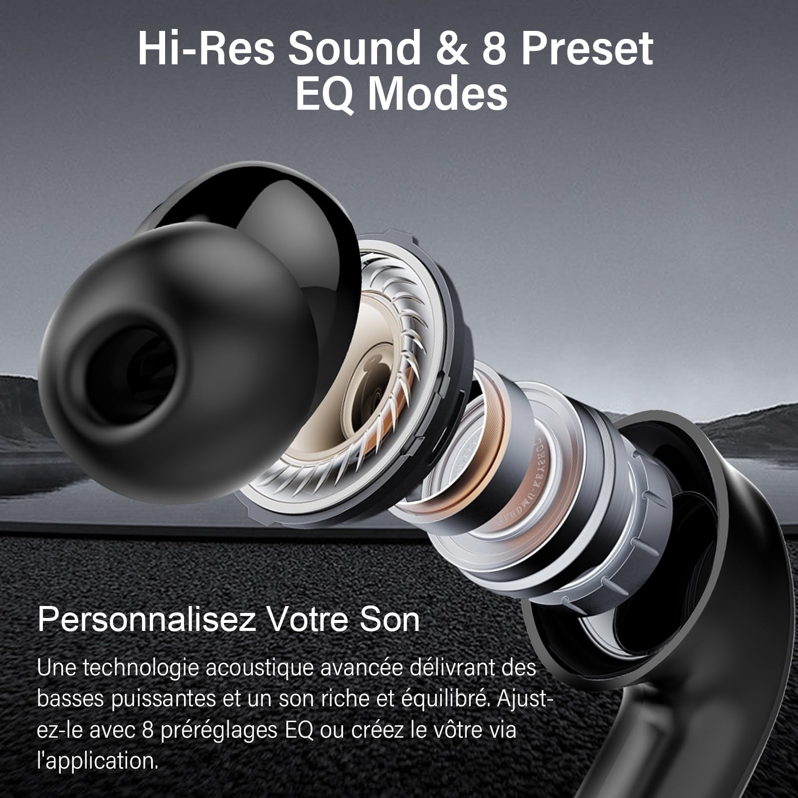 Écouteurs sans Fil Bluetooth 5.4 avec Réduction de Bruit Hybride, Hi-Res Son Stéréo, 6 Micros, 49H Autonomie, Charge sans Fil