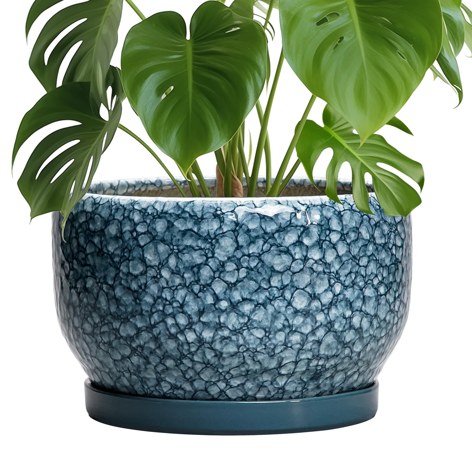 SQOWL Ceramic Planter - 10 Inch Plant Pot Indoor with Drainage Hole and Saucer, Decorative Flower Pots Outdoor, Ceramic Plant Pots, Large Round Planter, Home Patio Decor, House Warming Gifts, Blue