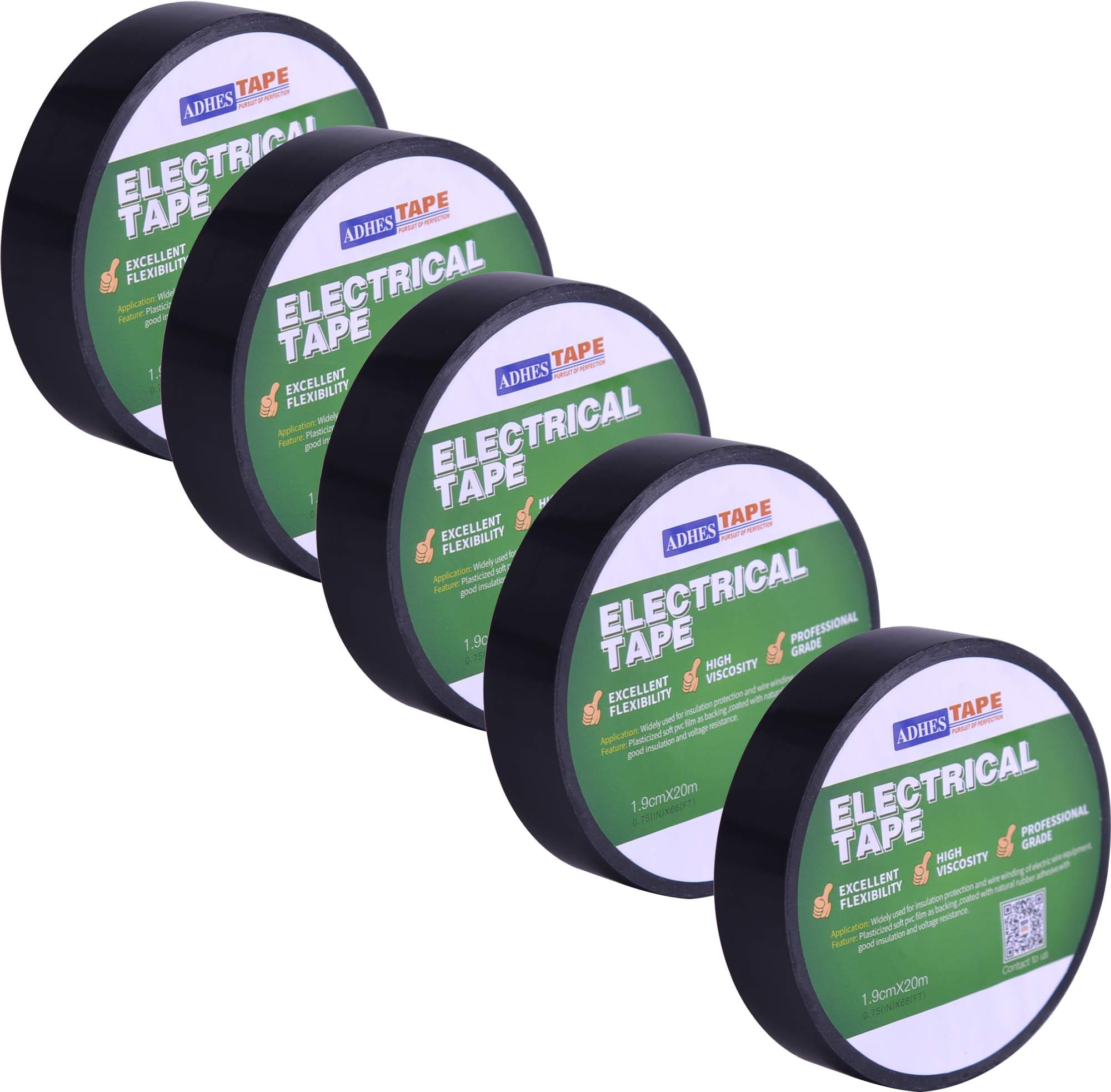 ADHES Black PVC Electrical Tape Strong Self-Adhesive PVC Electrical Insulation Tape Heavy Duty, Sticky19mmx20m Pack of 5Rolls
