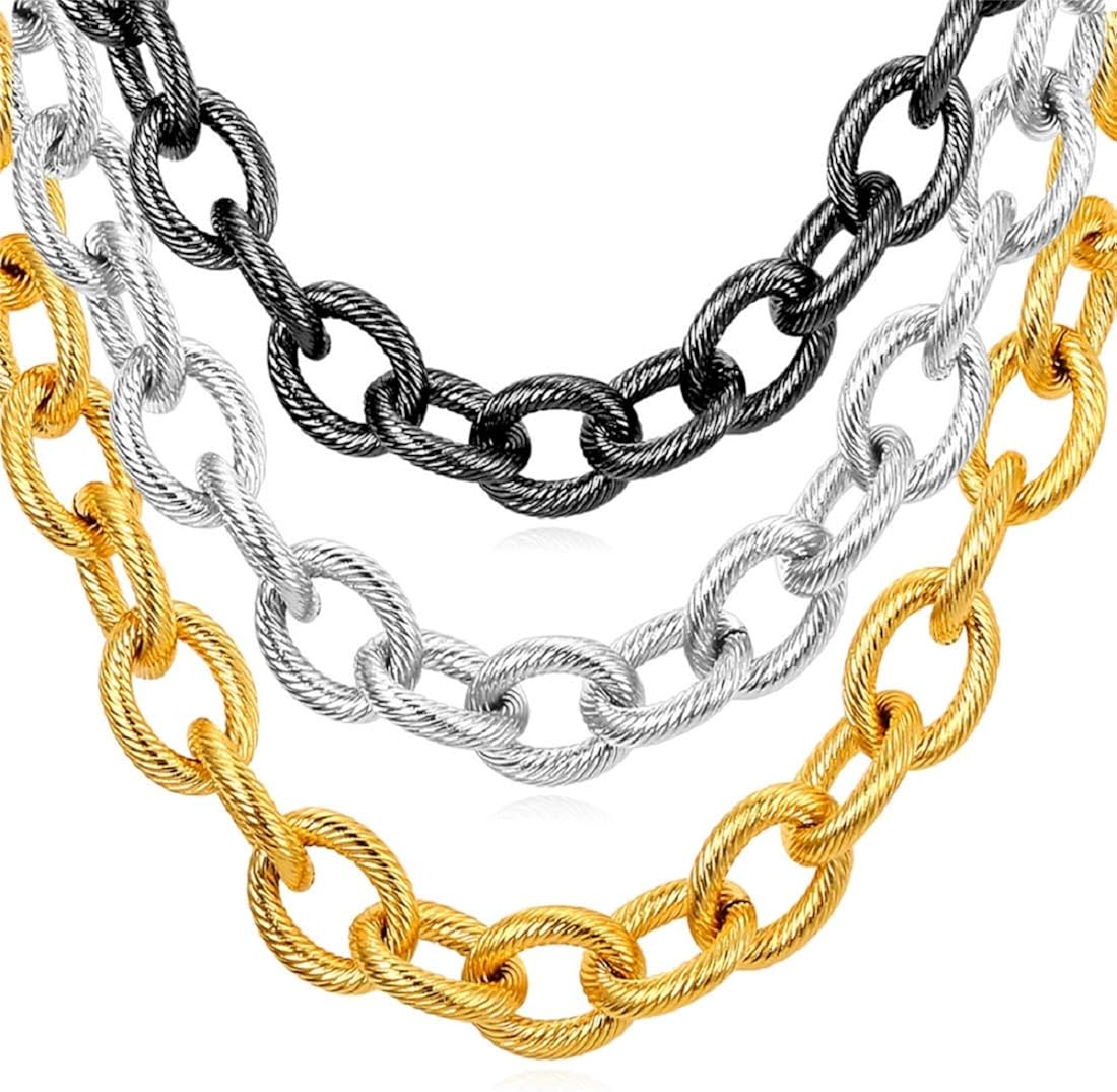 U7 Cuban Link Chain for Men Women, Circle Chain, Herringbone Snake Chain, Stainless Steel Gold Plated Fashion Chain Necklaces Length 18-30 Inch, Solid Heavy Chains, Width 9mm, 12mm, 15mm