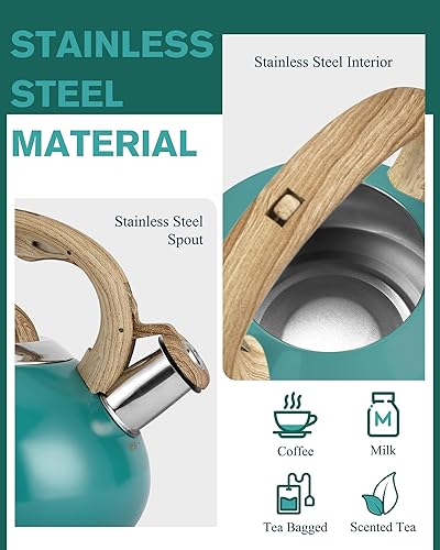 Miniatura 7 de Tetera de té, teteras para estufa, 2.0 cuartos de galón con mango de madera, silbato fuerte, tetera de acero inoxidable de grado alimenticio, para