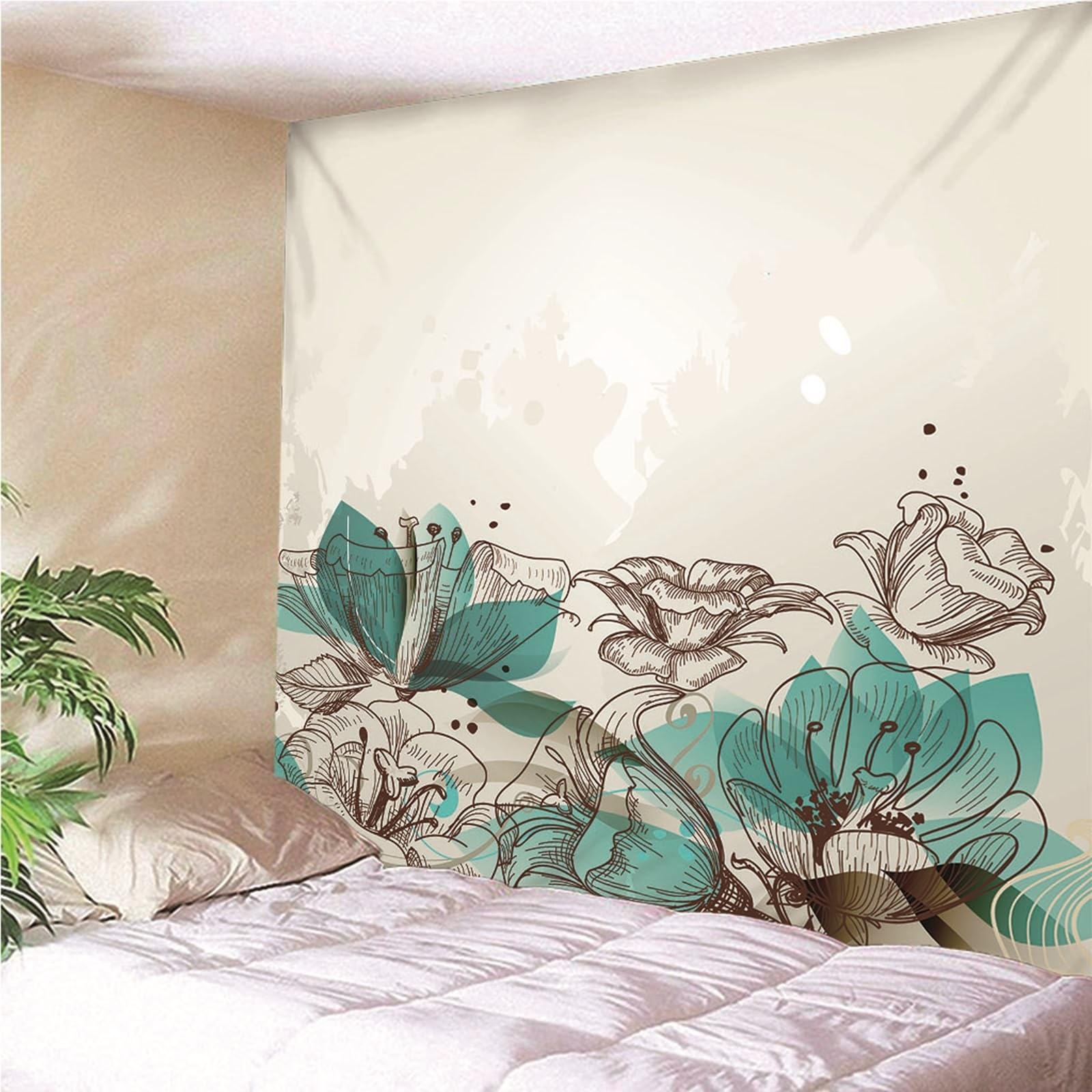 Lieson Arazzo Decorativo, Arazzo Decorativo da Parete 260x240CM Fiori Pittura A Inchiostro Tappeto Parete da Appendere Alla Parete Per Decorazione Della Casa, Grigio Verde
