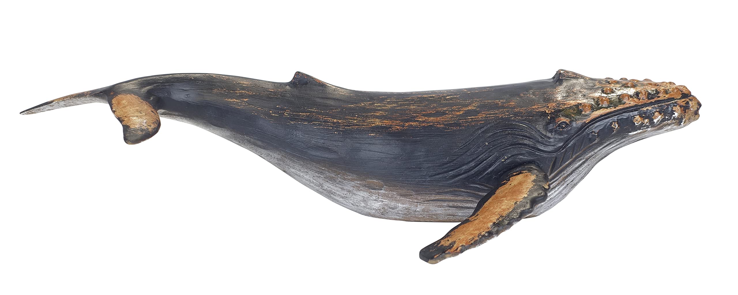 MichaelNoll Wal Walfisch Fisch Dekofigur Statue Skulptur Polyresin Blau Modern - Maritime Deko für Wohnung in Holz-Optik - Dekoration für Wohnzimmer, Schlafzimmer oder Badezimmer - 60x14,25x38,25 cm