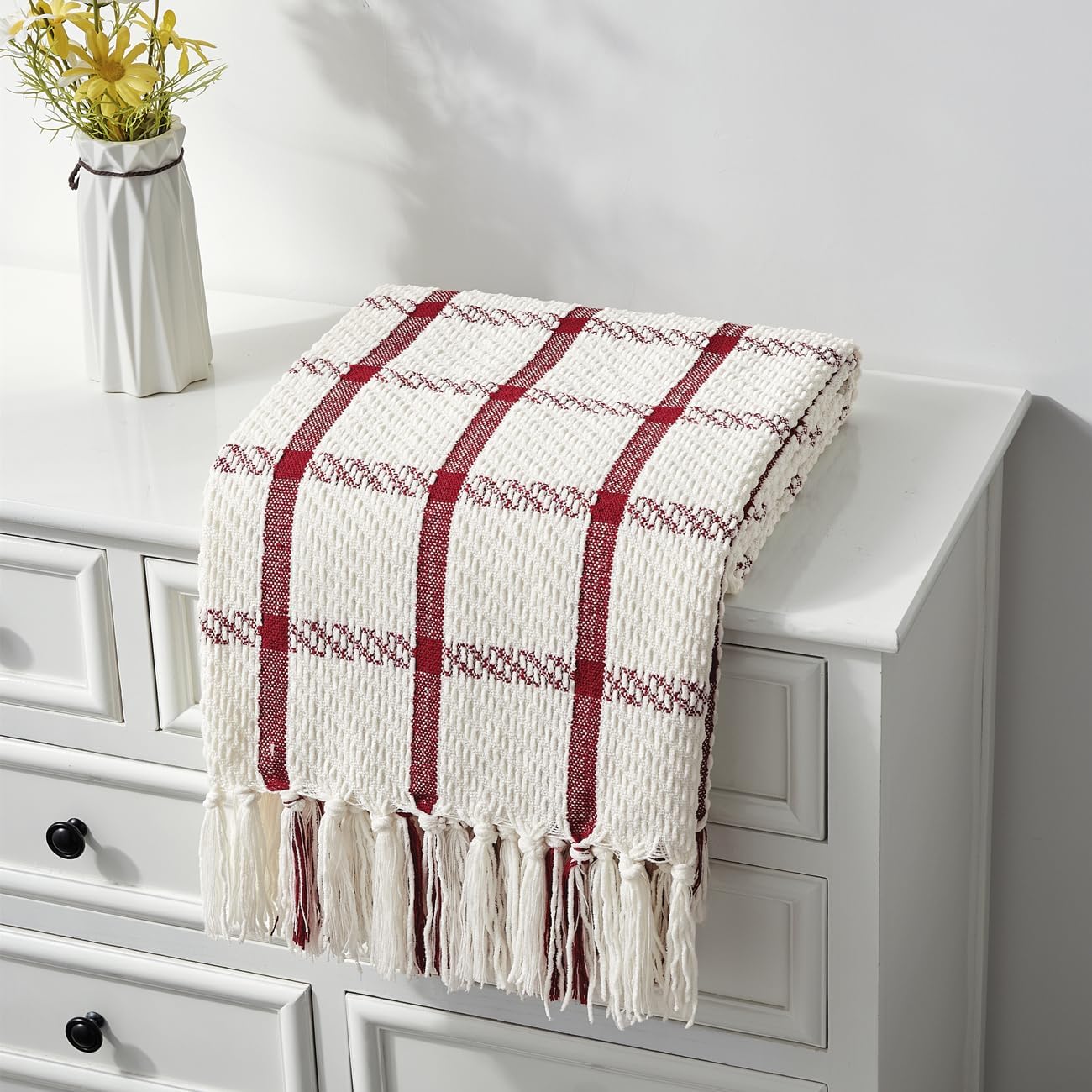 CREVENT 50"X60" Farmhouse Breathable Soft and Warm Chenille Plaid Throw Blanket for Sofa Couch Bed, Home Decoration Throw with Tassles (Red & White)