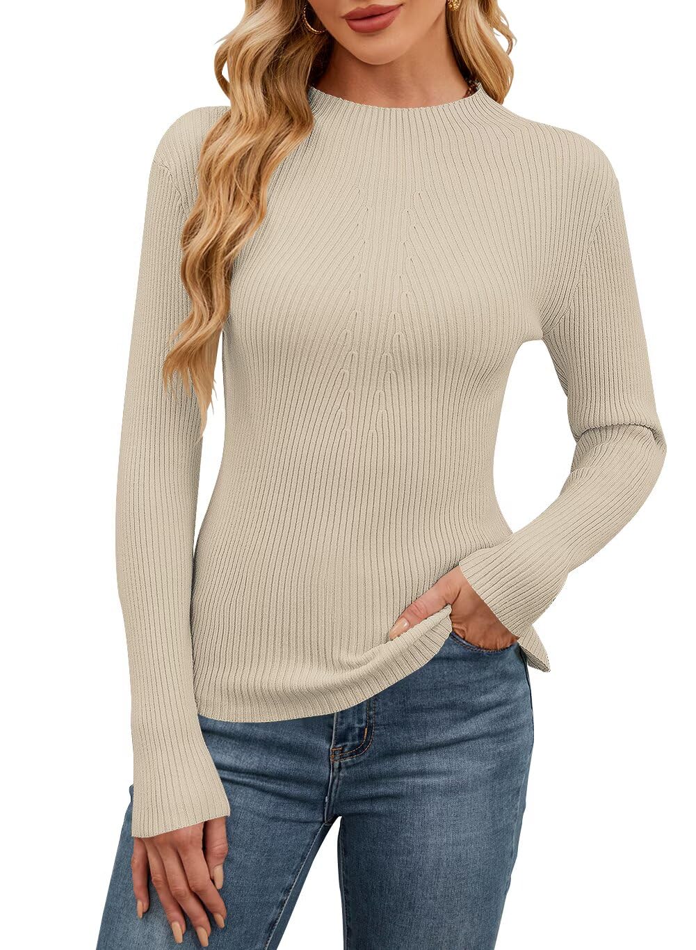 QACOHU Womens Fall Long Sleeve Ribbed Knit Sweater Crewneck Casual Slim Fit Pullover Jumper Tops | Soft Cozy Ribbed Knit Fabric, Flattering Tailored Fit, Office Work Wear, Fall Winter Layering, Casual Daily &amp; Weekend Outfits