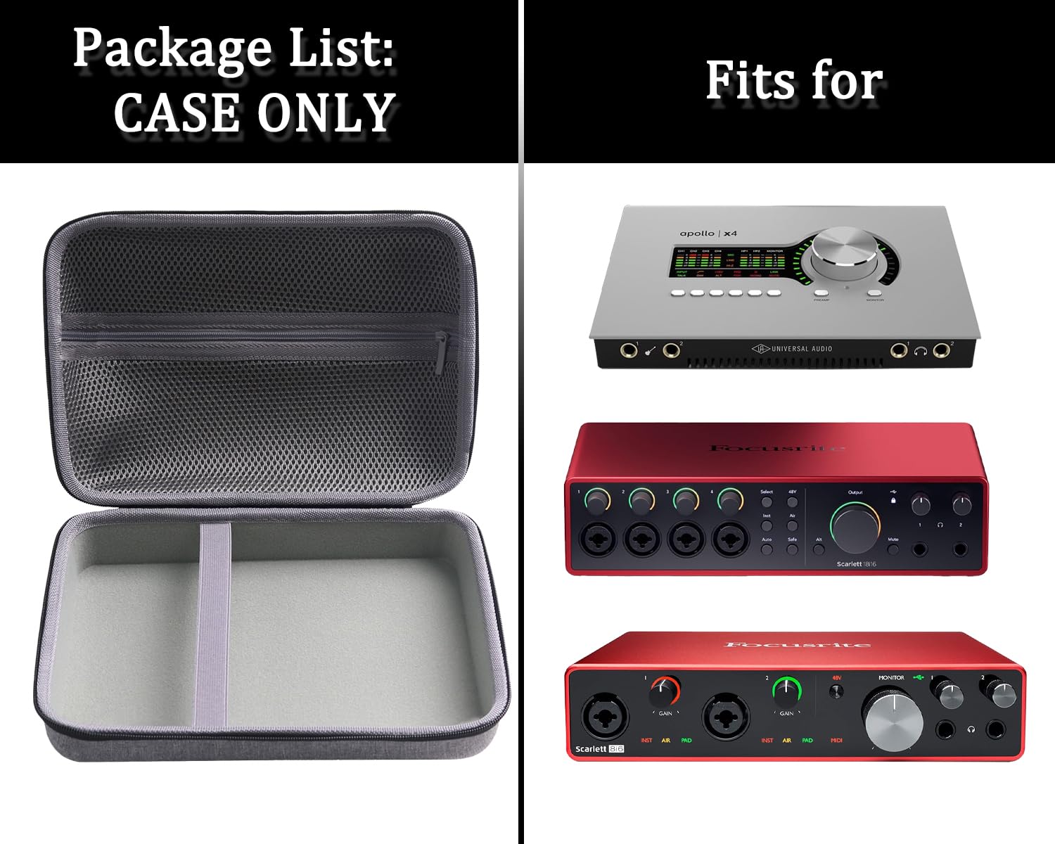 Custodia protettiva rigida da viaggio compatibile con interfaccia audio USB Apollo x4 / Focusrite Scarlett 18i8 / 8i6 / 18i16, nero e grigio (solo custodia)