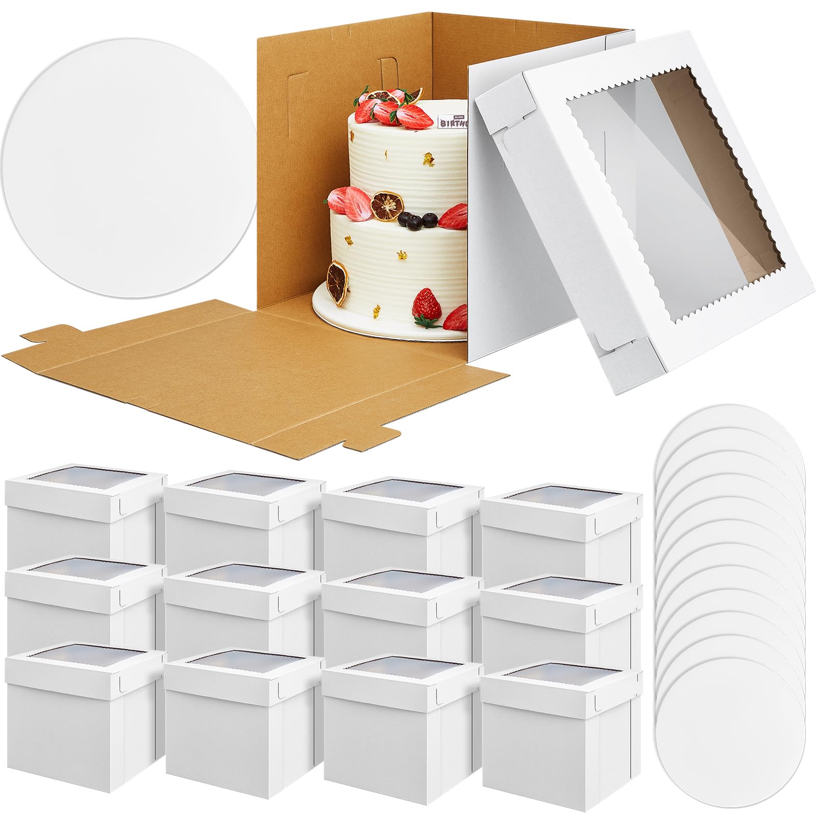 Photo 1 of 12 Pack 12 x 12 x 12'' Tall Cake Boxes for Tier Cakes with Window and 12 Pack Cake Boards Tiered Cake Box Tall Cake Carrier Cake Containers White Bakery Pastry Boxes for Party Wedding Birthday