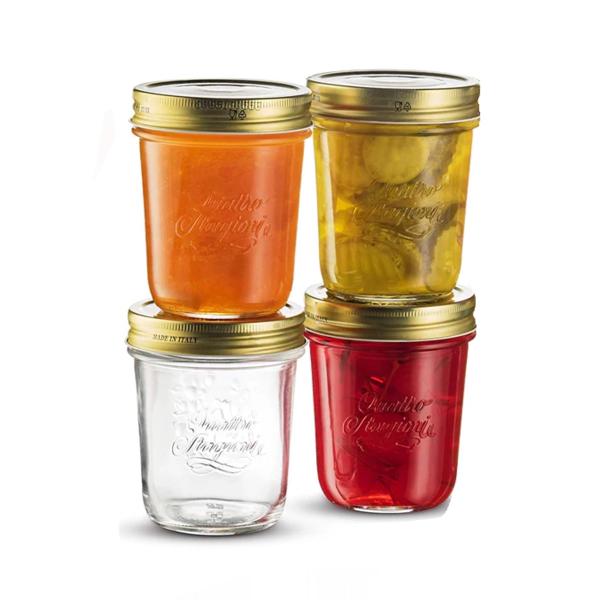 Bormioli Rocco Quattro Stagioni set of 4 Clear Airtight Mason Jars, 17 Oz. Made from BPA Free Durable Glass, Made In Italy.