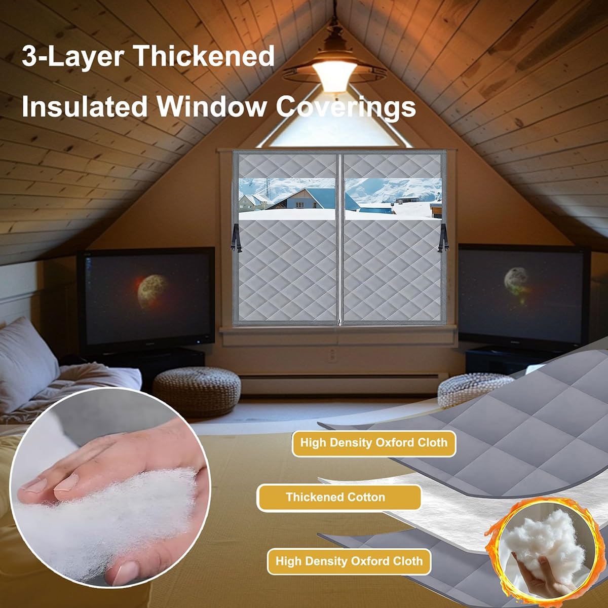 Sichtbare Thermo Cover Fenster, 100/120/140/150/200 cm Fenster-Isoliervorhänge für Wärme, Baumwoll-Fensterisolationsset Isolierte Fensterabdeckung für Winter(Gray,100x220cm)