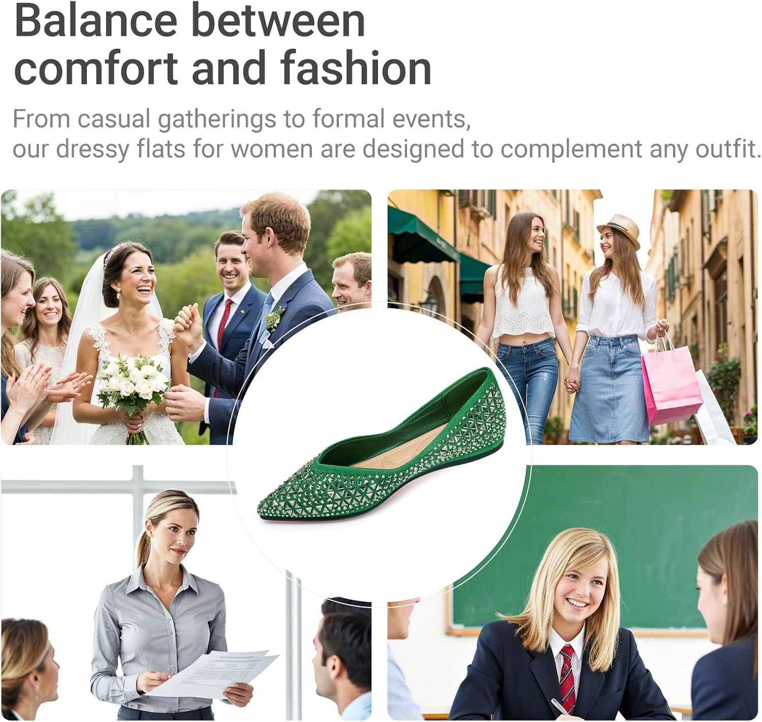 Women's Flats Rhinestone Pointed Ballet Flats Comfortable Soft Memory Foam Insole for Women Sparkle Elegant Dress Shoes Green 6 - Image 5