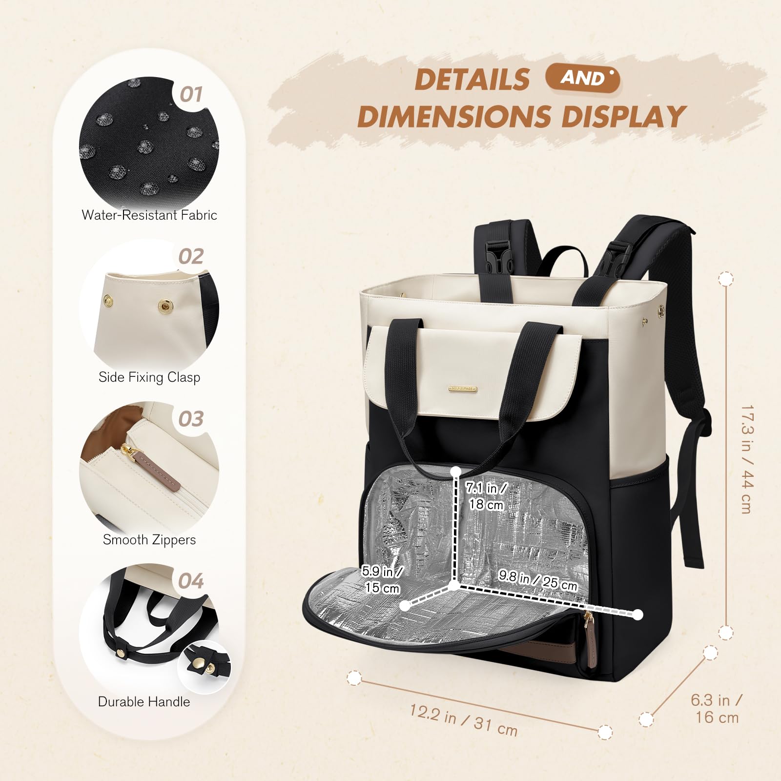Zaino Fasciatoio Neonato Multifunzione 25L con Fasciatoio Portatile e Ganci Passeggino, Termico, Nero & Bianco