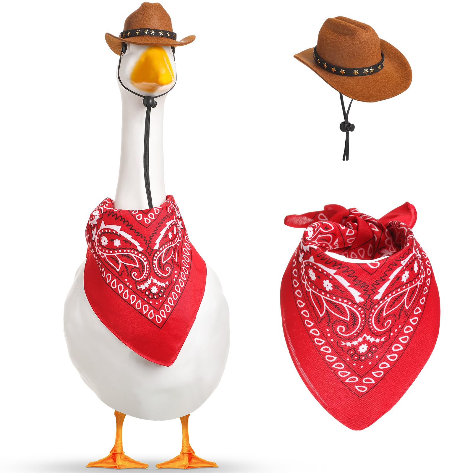 Shyyween Western Cowboy Porch Goose Outfits for 23"/ 17'' Lawn Cement Goose Statue Clothes Cowboy Hat with Bandana Scarf(Brown,Red)