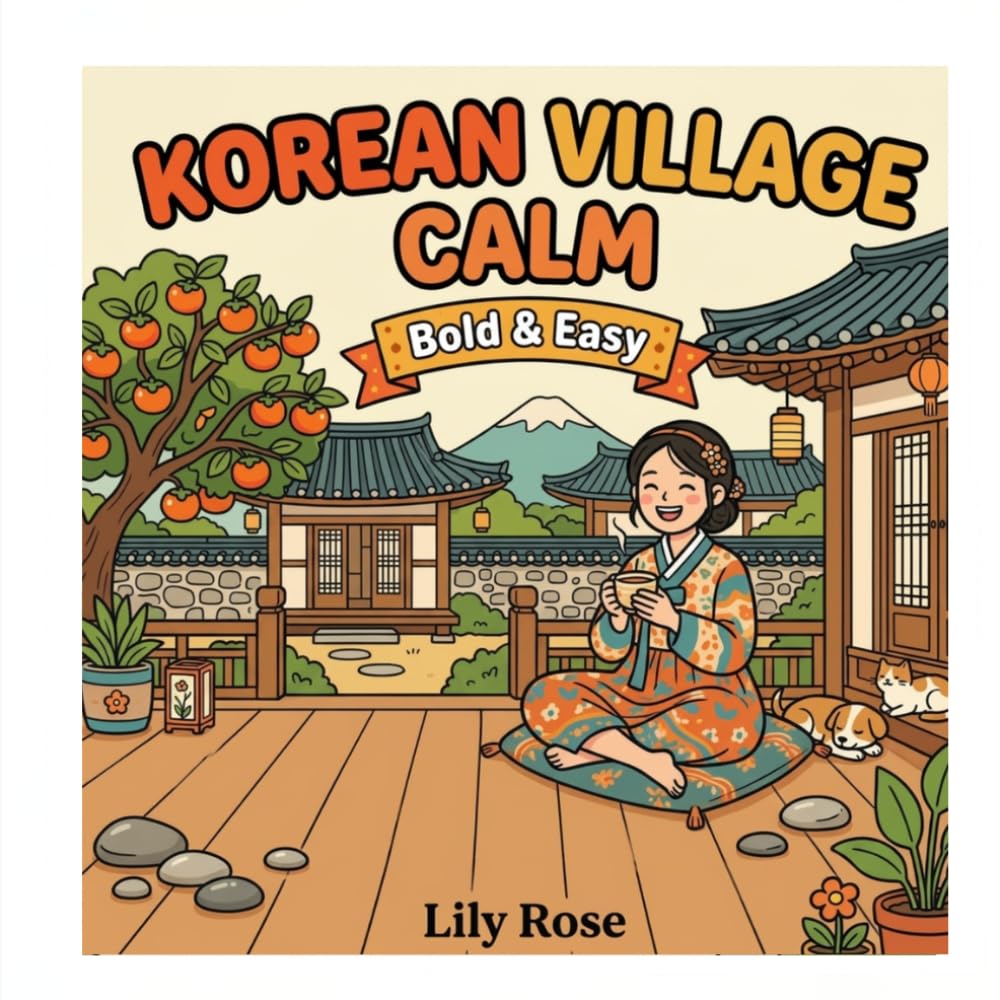 Korean Village Calm: Coloring Book for Adults, Bold and Easy Hanok Scenes: 40 Simple Cozy Designs of Hanok Architecture, Courtyards, Stone Alleys, Lanterns and Village Life for Relaxation