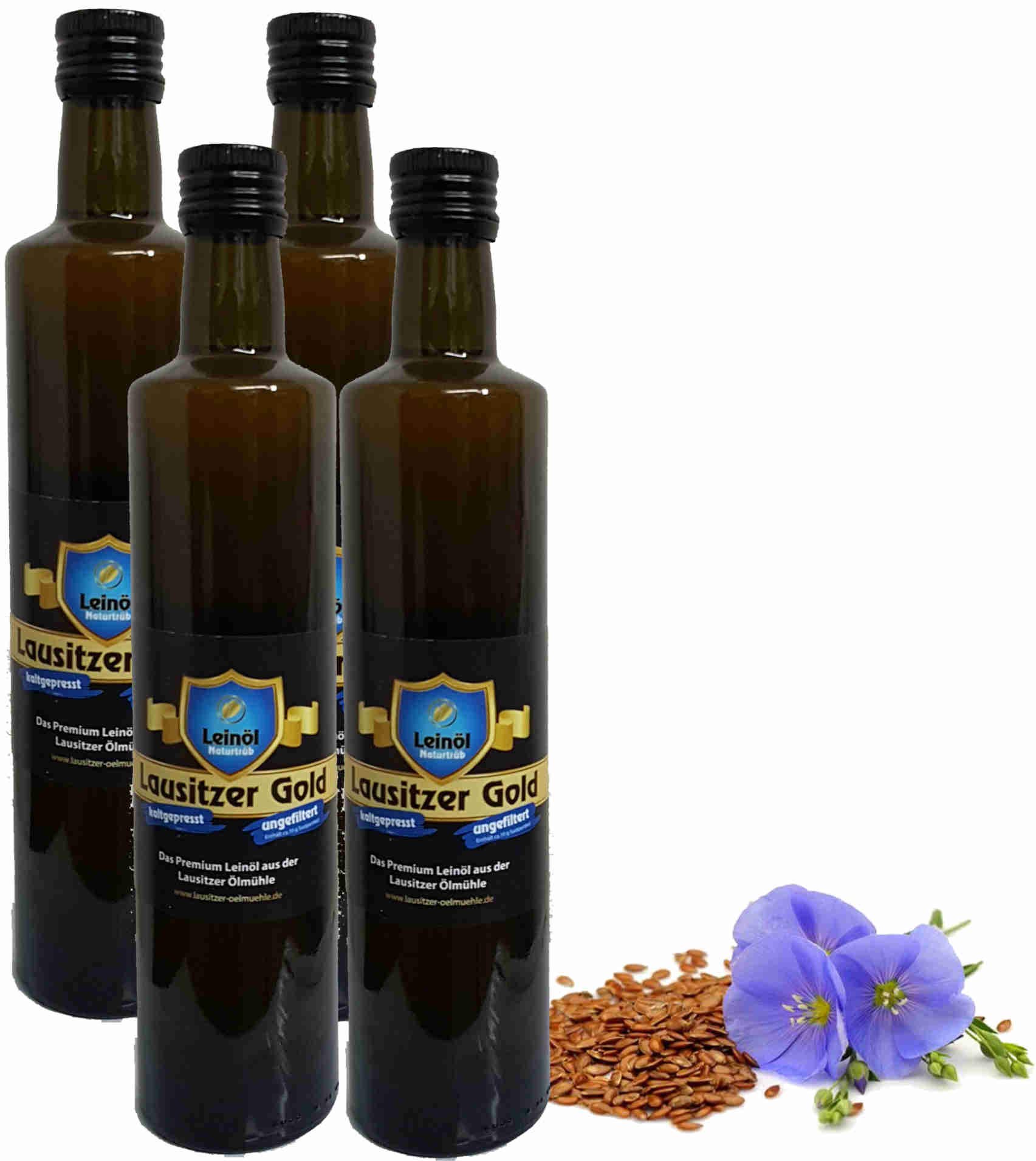 Leinöl Lausitzer Speiseleinöl Lausitzer Gold 4 x 500 ml ungefiltertes Premium Leinöl kaltgepresst und frisch abgefüllt