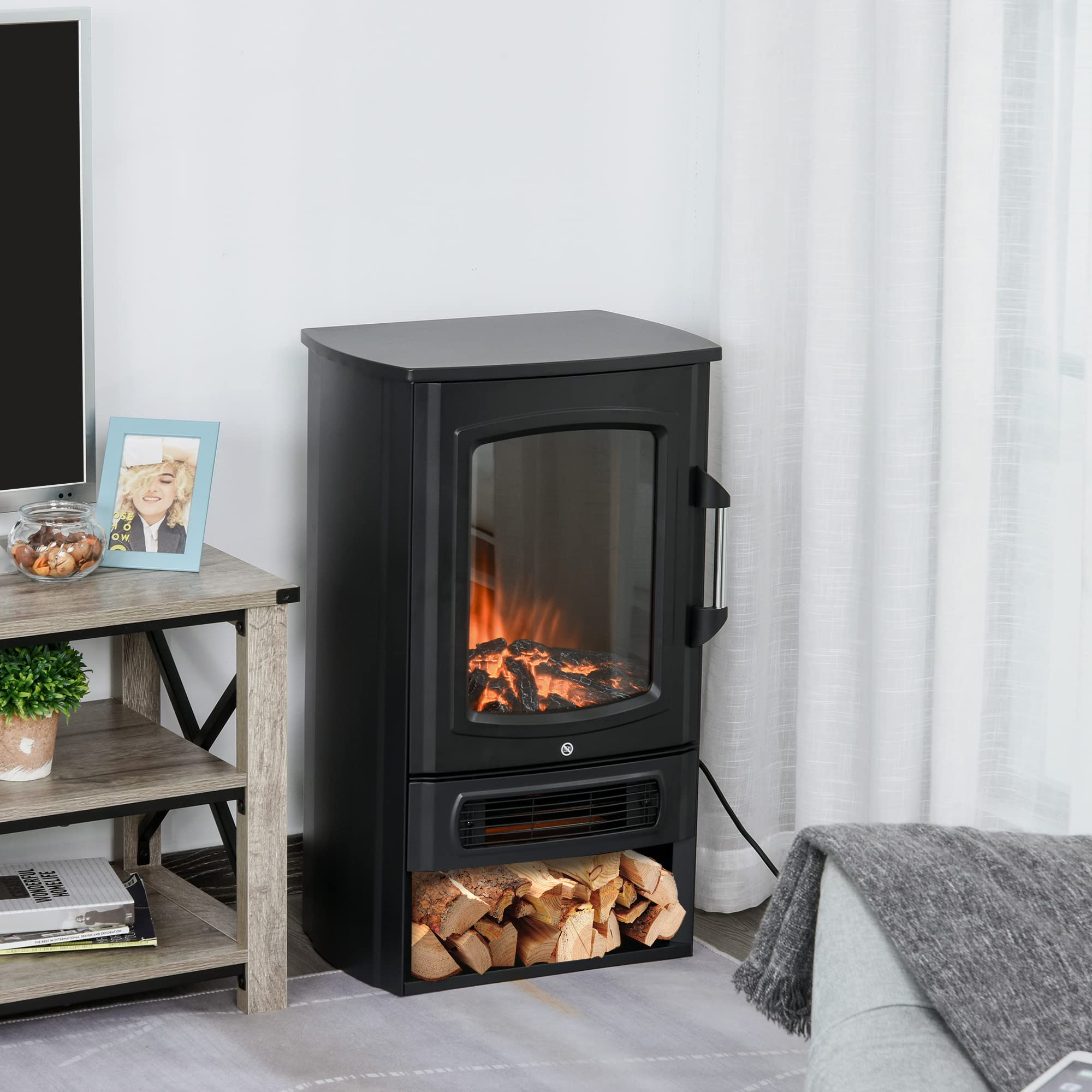 HOMCOM Camino Elettrico con Fiamma Realistica, Portalegna, 20-25㎡, Nero | Caminetto Elettrico, Protezione da Surriscaldamento, Termostato, Temperatura Regolabile, Acciaio, Vetro Temperato