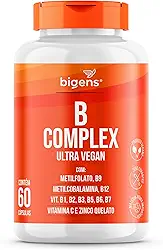 Vitaminas do Complexo B, Vegano, MetilFolato, Metil B12, B1, B2, B3, B5, B6, B7, C, Zinco, 60 capsulas, Bigens