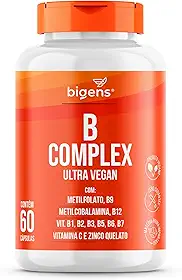 Vitaminas do Complexo B, Vegano, MetilFolato, Metil B12, B1, B2, B3, B5, B6, B7, C, Zinco, 60 capsulas, Bigens