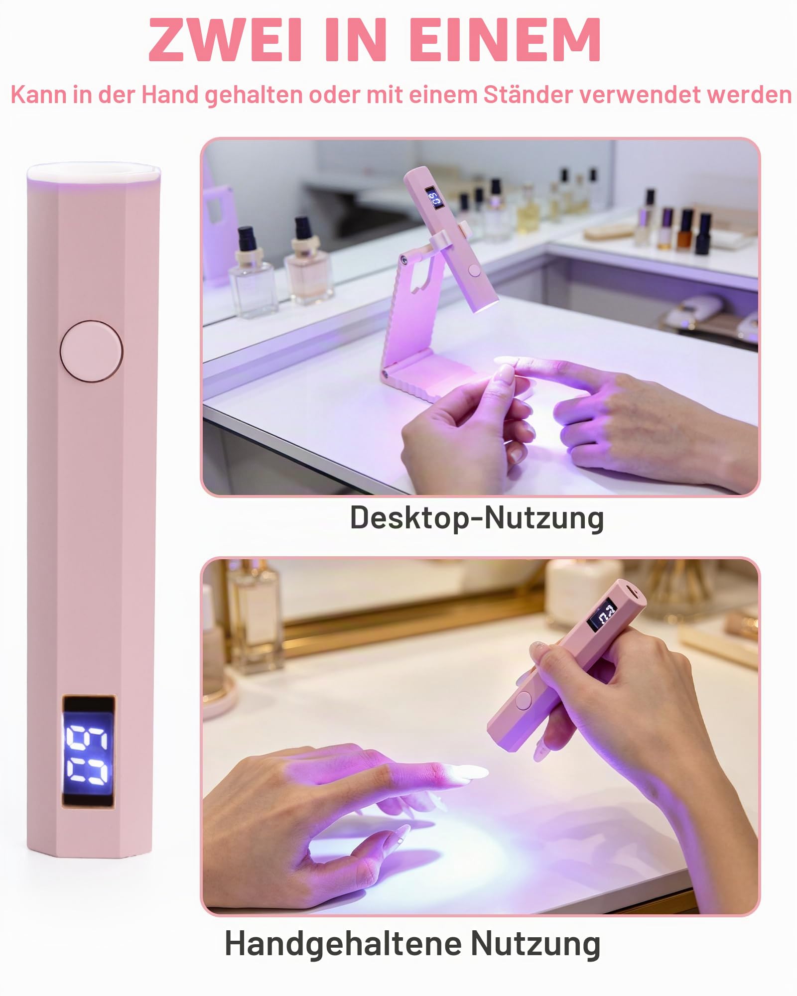 UV Lampe für Gelnägel, Mini UV Lampe für gelnägel, LED Lampe Nägel mit LCD-Display, Mini Wiederaufladbar 2 Timer-Modi Nageltrockner, UV Nagellampe zum Aushärten von Nagelkleber, Nail Tips-Rosa