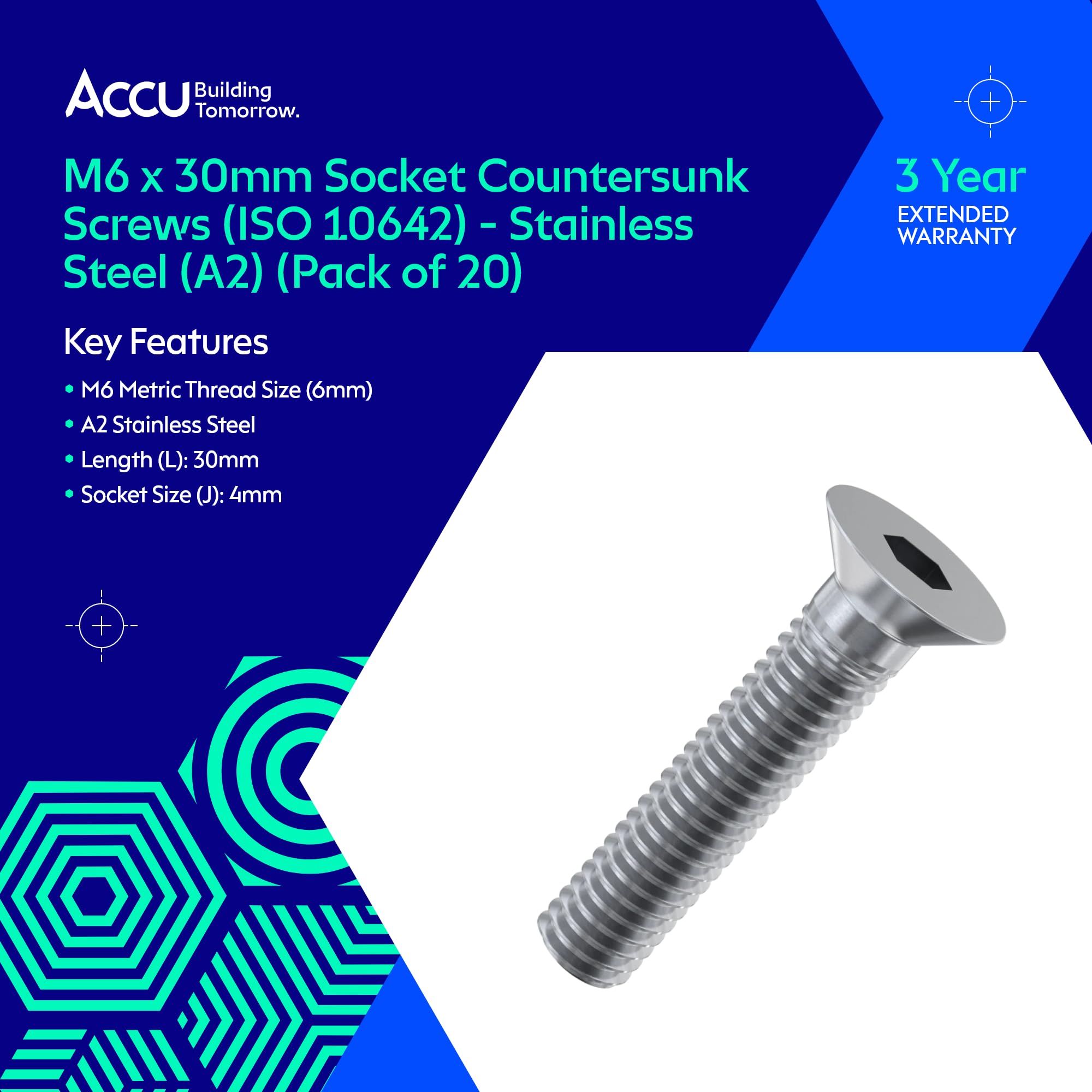 Accu - M6 x 30mm Socket Countersunk Screws (ISO 10642) - Stainless Steel (A2) (Pack of 20) - Image 2