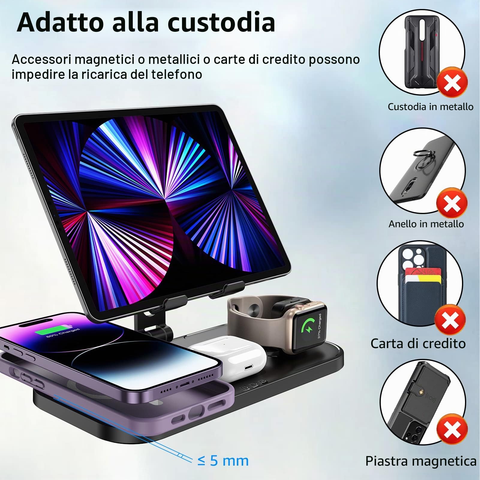Stazione Ricarica per Apple, 4 in 1 Caricabatteria per Apple Stazione di Ricarica per iPhone 15/14/13/12/11, Dock di Ricarica per Apple Watch 8/7/6/5/SE, AirPods 3/2/Pro, Caricabatteria per iPad
