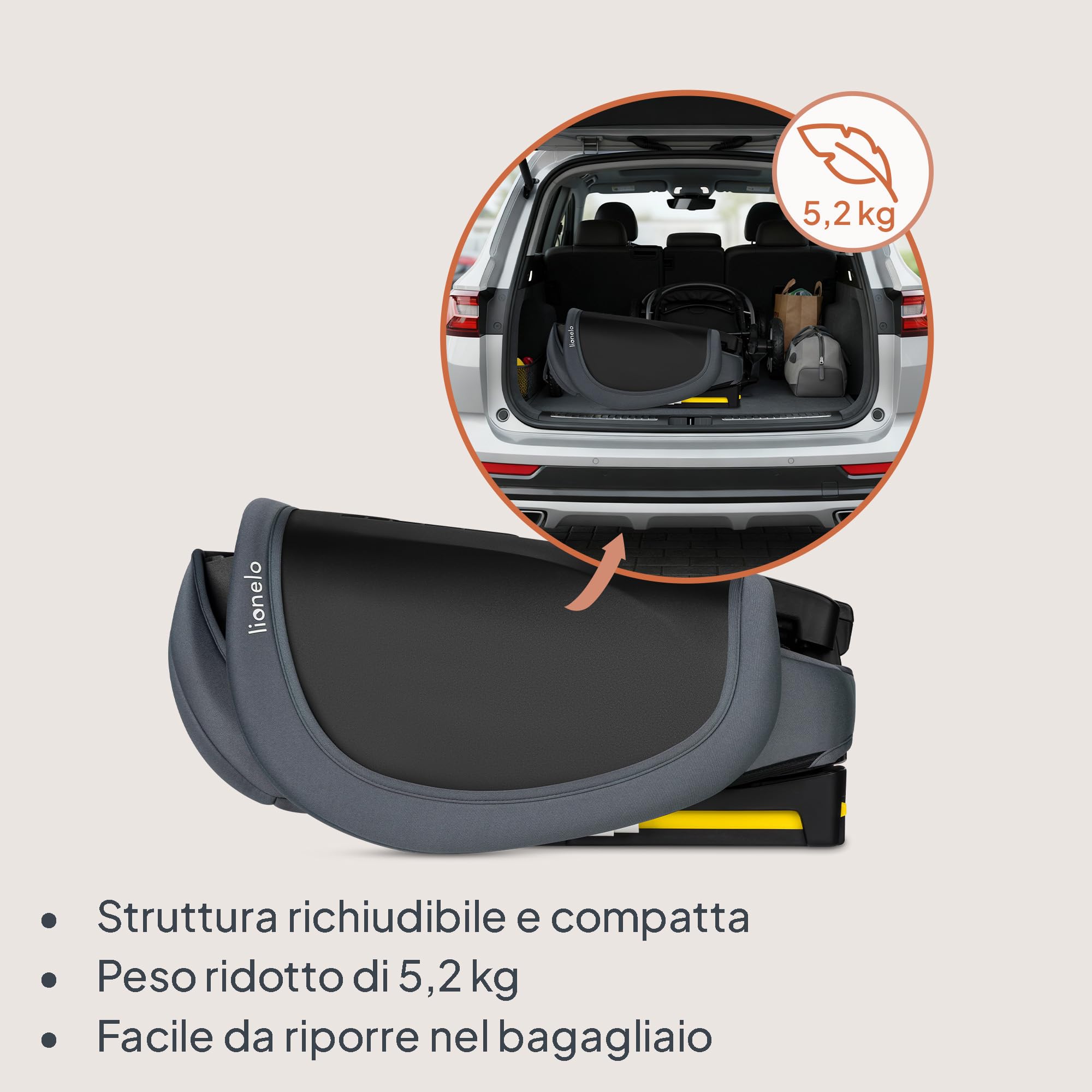 Lionelo Seggiolino Auto Pieghevole ORIN I-SIZE con ISOFIX per bambini 3,5-12 Anni, Reclinabile 4 Posizioni, Poggiatesta 14 Posizioni, Sfoderabile Lavabile, Borsa e Portabicchiere, i-Size 100-150 cm
