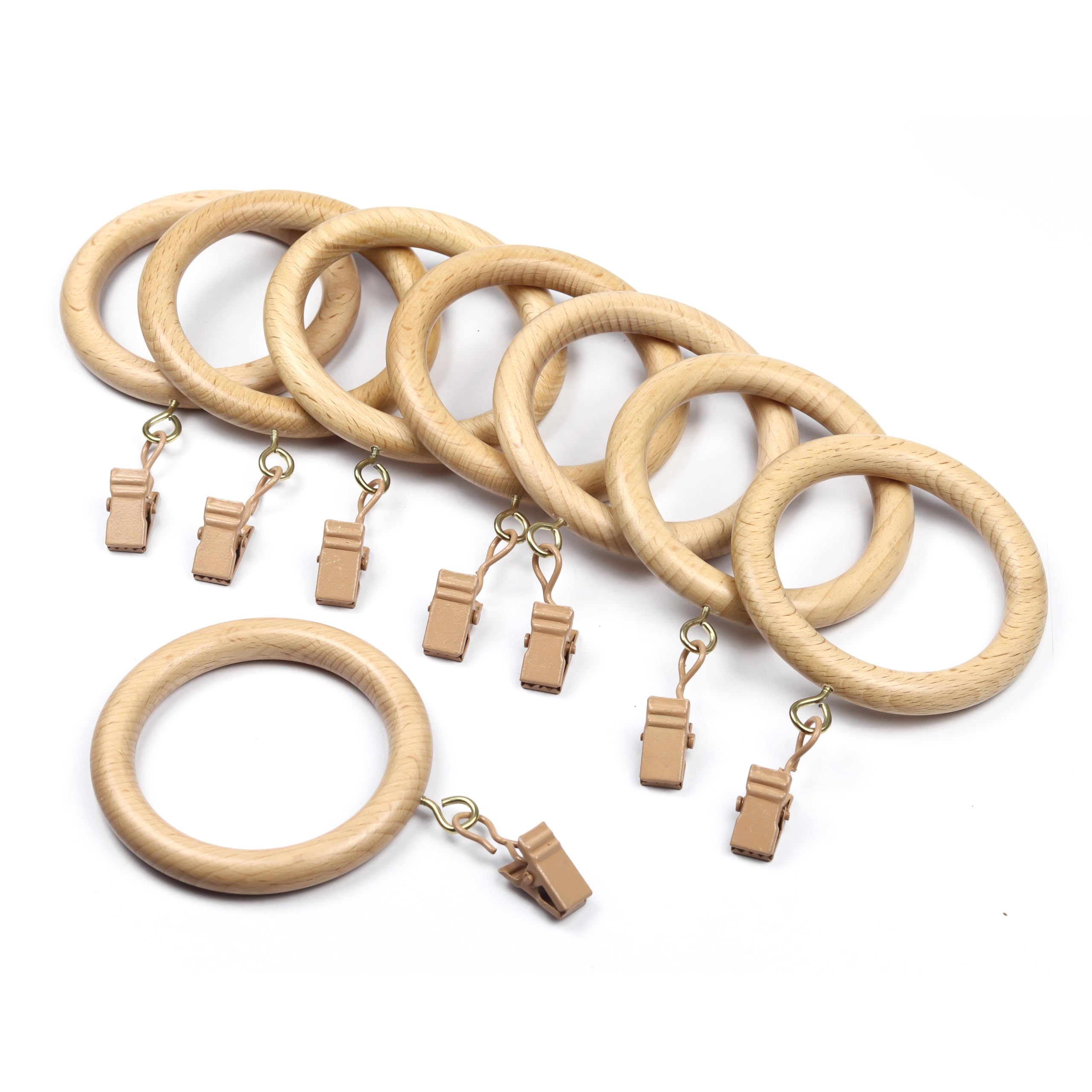 24PCS 3-Inch Beechwood Curtain Rings with Clips – Fits 1.25 to 2 Inch Rods – Wooden Drapery Rings with Eyelets for Window & Shower Curtains – 2.2 Inch Inner Diameter
